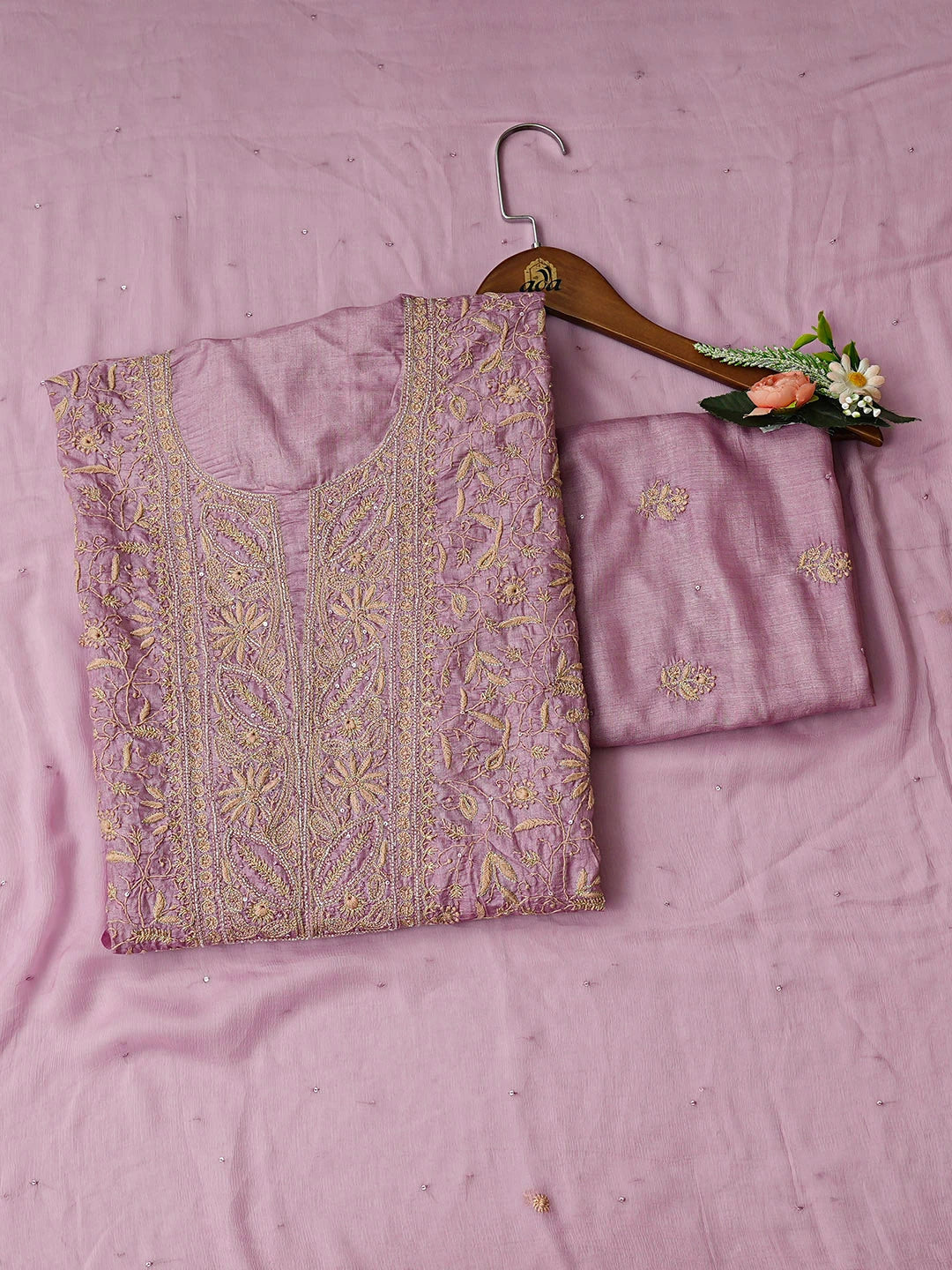 Ada Hand Embroidered Lavender Silk Lucknowi Chikankari Unstitched Suit Piece with Zari Work 01A869878