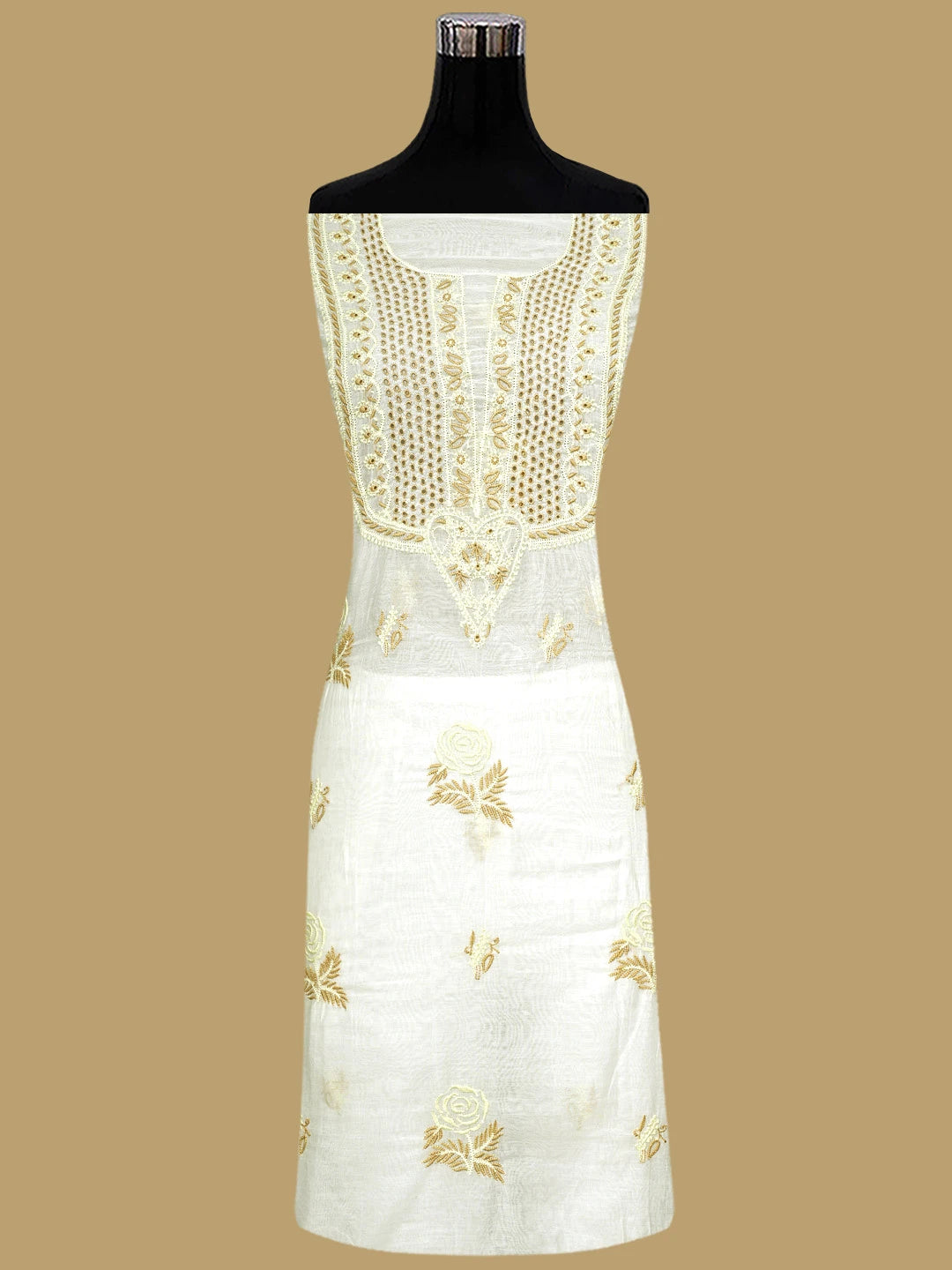 Ada Hand Embroidered White Ivory Cream Chanderi Lucknowi Chikankari Unstitched Kurta Dupatta Set 01A837466