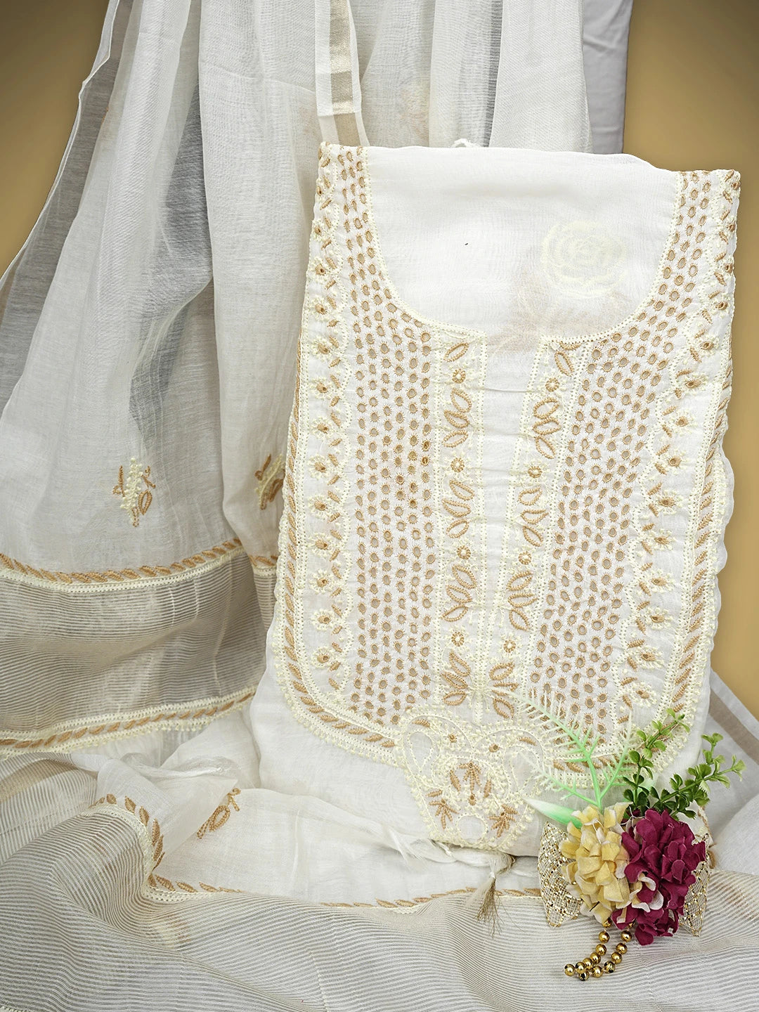 Ada Hand Embroidered White Ivory Cream Chanderi Lucknowi Chikankari Unstitched Kurta Dupatta Set 01A837466