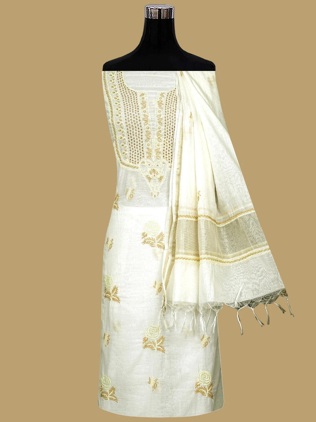 Ada Hand Embroidered White Ivory Cream Chanderi Lucknowi Chikankari Unstitched Kurta Dupatta Set 01A837466