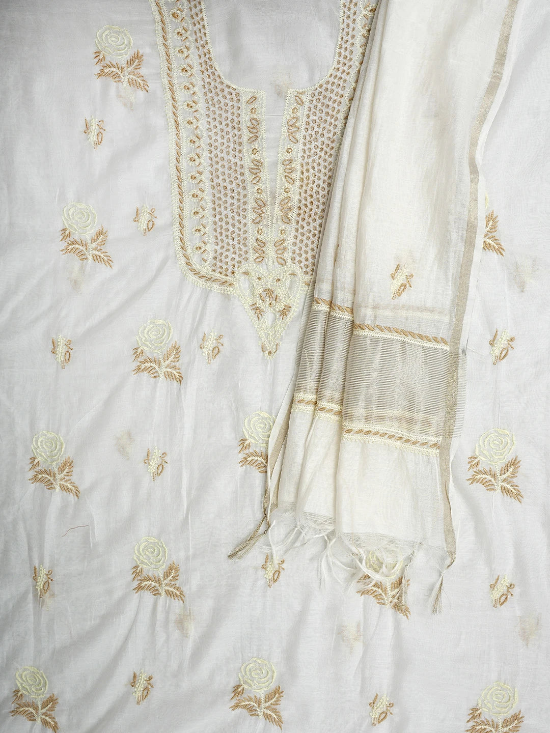 Ada Hand Embroidered White Ivory Cream Chanderi Lucknowi Chikankari Unstitched Kurta Dupatta Set 01A837466