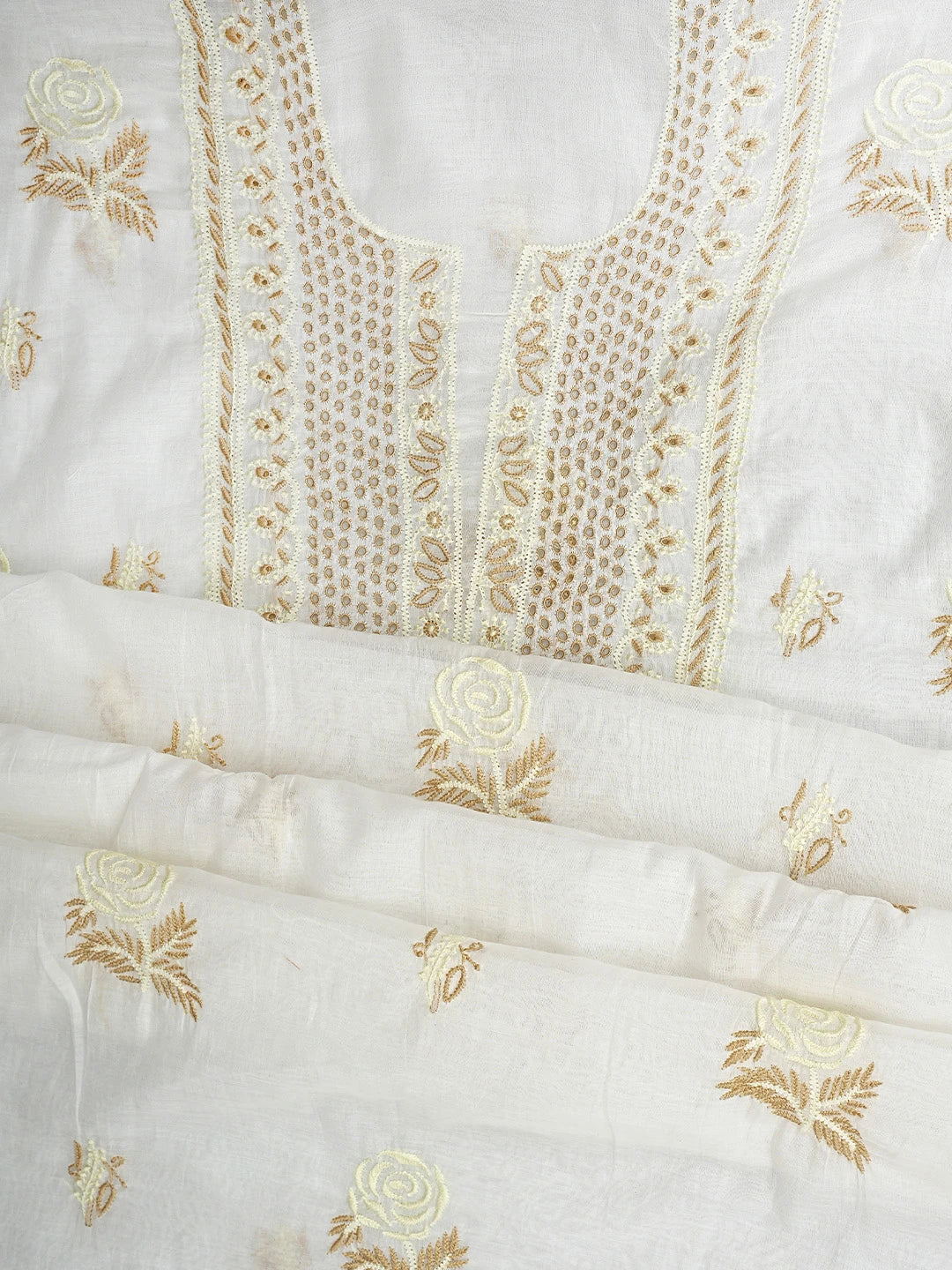 Ada Hand Embroidered White Ivory Cream Chanderi Lucknowi Chikankari Unstitched Kurta Dupatta Set 01A837466