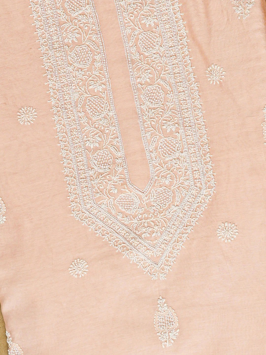 Ada Hand Embroidered Peach Chanderi Lucknowi Chikankari Unstitched Men's Kurta With Pearl Work 01A915322