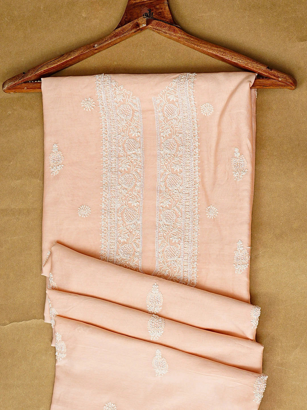Ada Hand Embroidered Peach Chanderi Lucknowi Chikankari Unstitched Men's Kurta With Pearl Work 01A915322