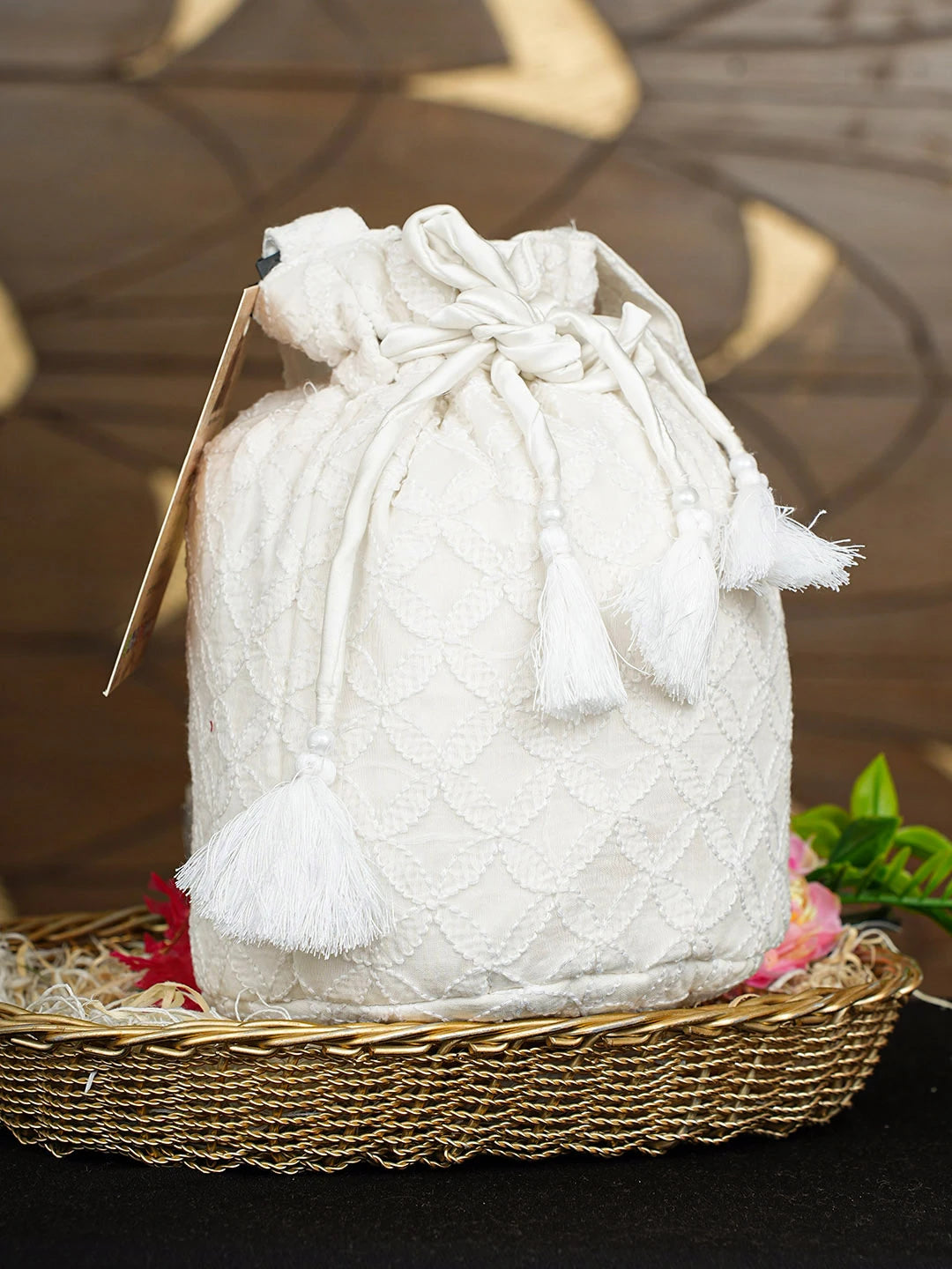 Ada Hand Embroidered White Chanderi Lucknowi Chikankari Potli Bag 01A923044