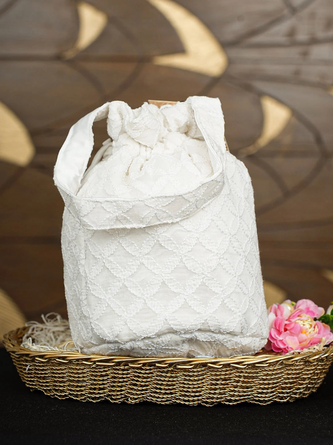 Ada Hand Embroidered White Chanderi Lucknowi Chikankari Potli Bag 01A923044