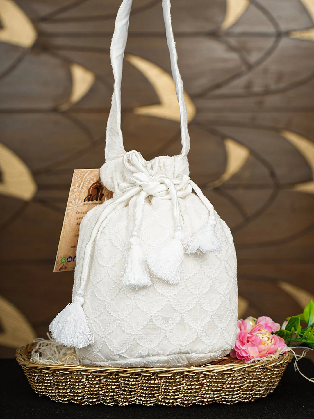 Ada Hand Embroidered White Chanderi Lucknowi Chikankari Potli Bag 01A923044