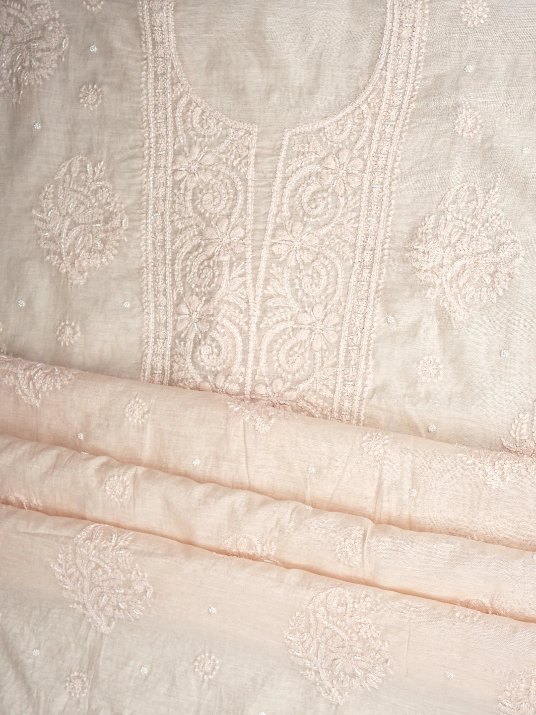 Ada Hand Embroidered Canter Peach Chanderi Lucknowi Chikankari Unstitched Suit Piece With Pearl Work 01A937482