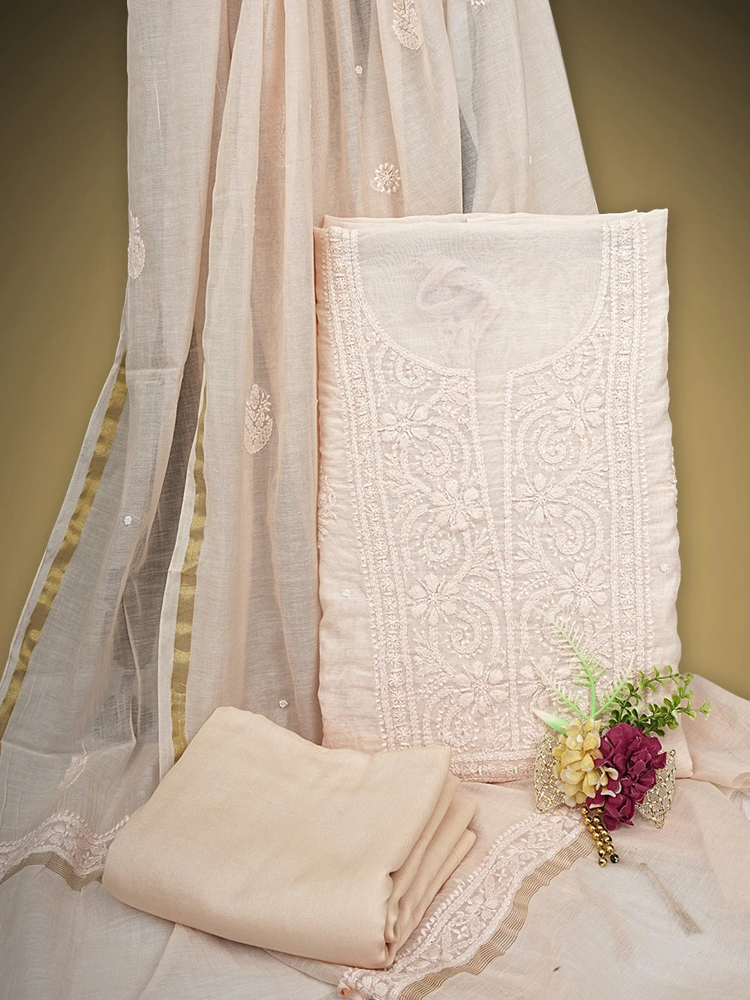 Ada Hand Embroidered Canter Peach Chanderi Lucknowi Chikankari Unstitched Suit Piece With Pearl Work 01A937482