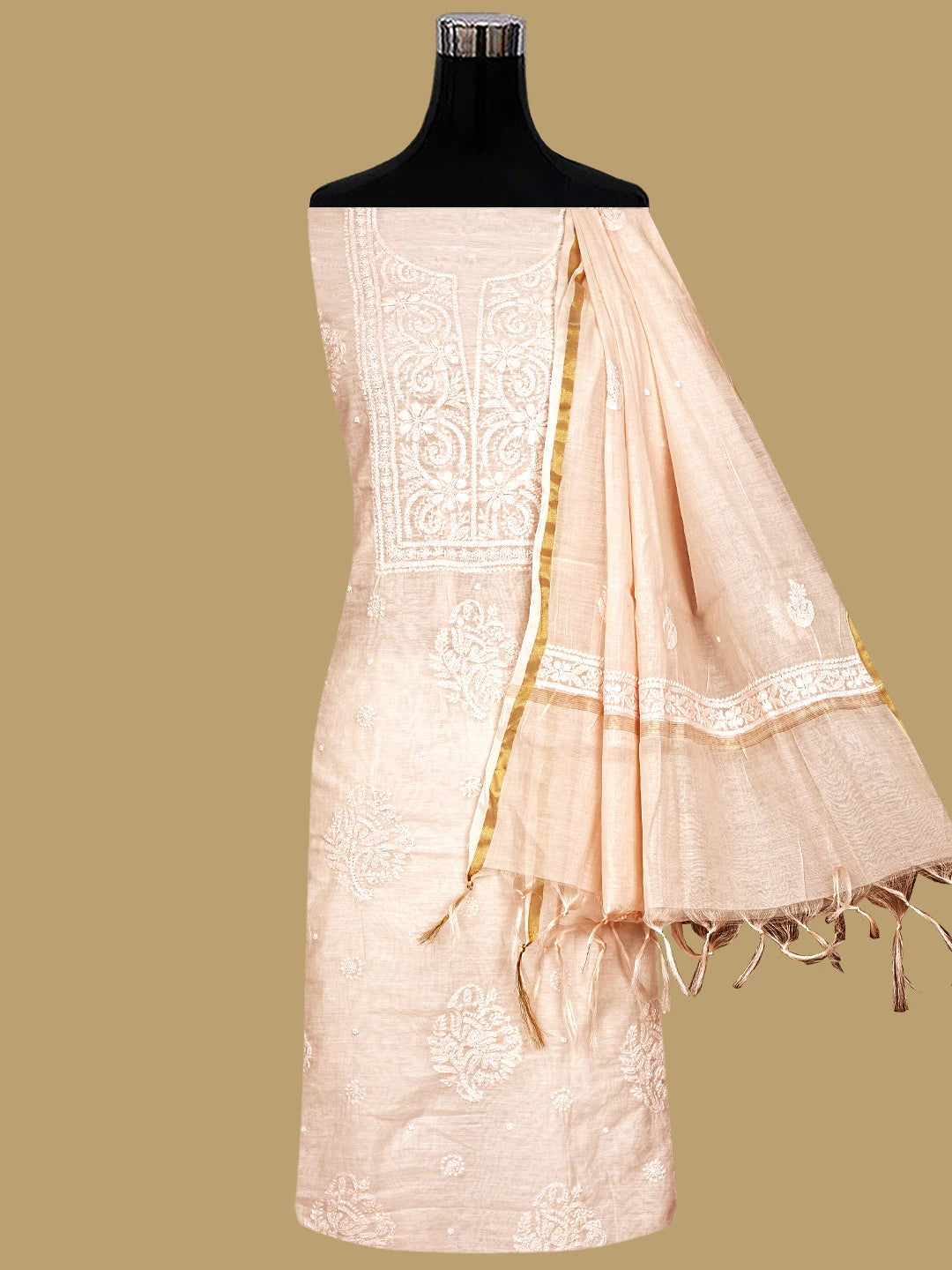 Ada Hand Embroidered Canter Peach Chanderi Lucknowi Chikankari Unstitched Suit Piece With Pearl Work 01A937482