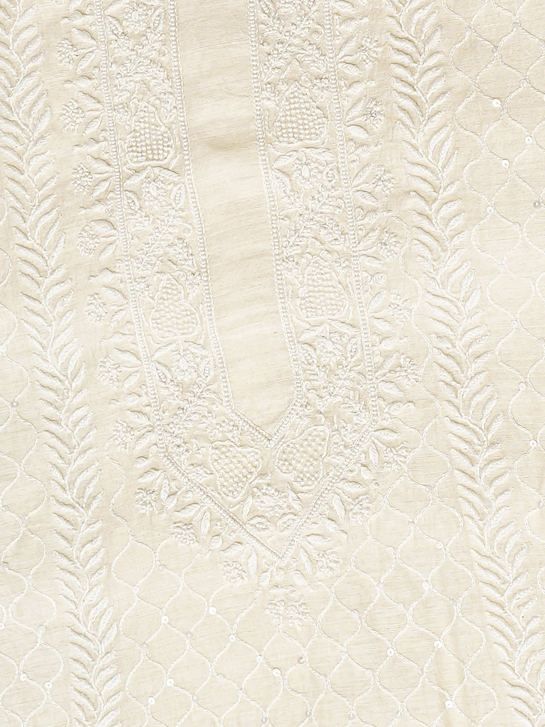 Ada Hand Embroidered Cream Moonga Silk Lucknowi Chikankari Unstitched Men's Kurta With Pearl Work 01A924672
