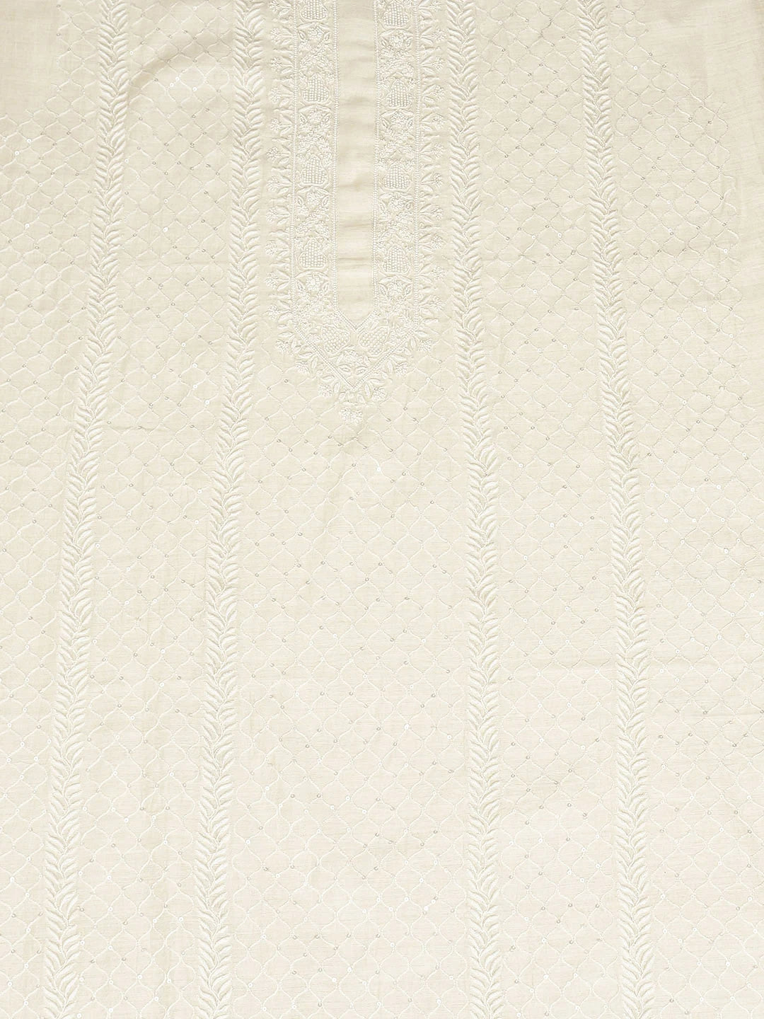 Ada Hand Embroidered Cream Moonga Silk Lucknowi Chikankari Unstitched Men's Kurta With Pearl Work 01A924672