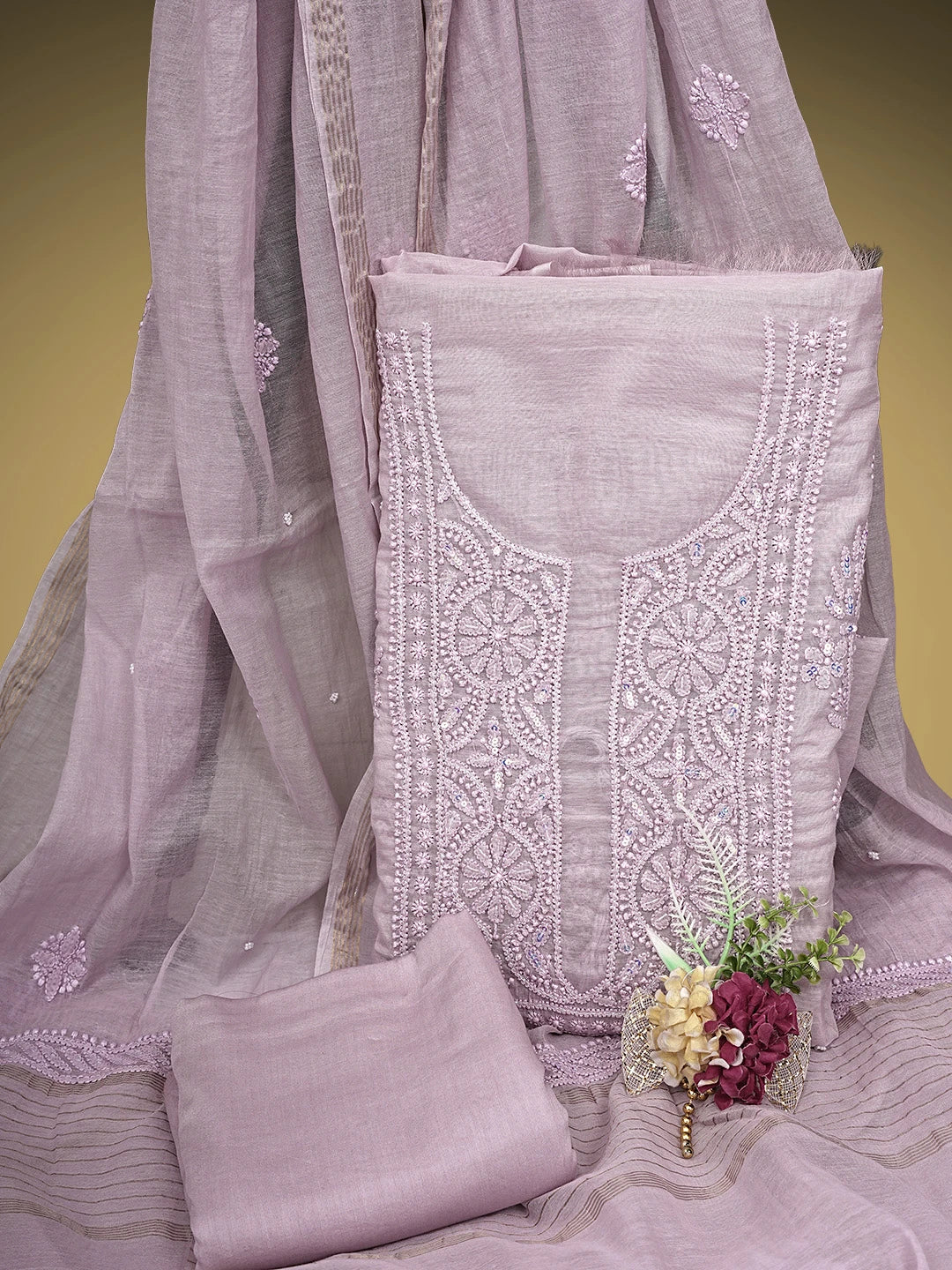 Ada Hand Embroidered Pink Orchid Chanderi Lucknowi Chikankari Unstitched Suit Piece With Sequinned Work 01A937521