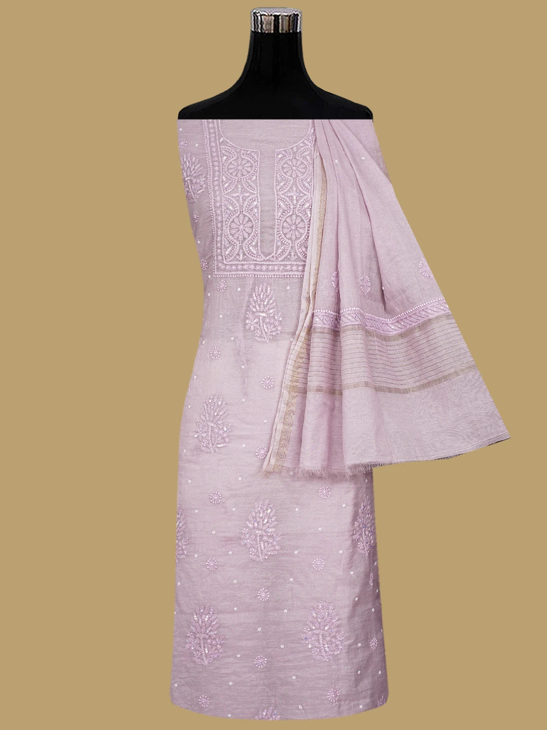 Ada Hand Embroidered Pink Orchid Chanderi Lucknowi Chikankari Unstitched Suit Piece With Sequinned Work 01A937521