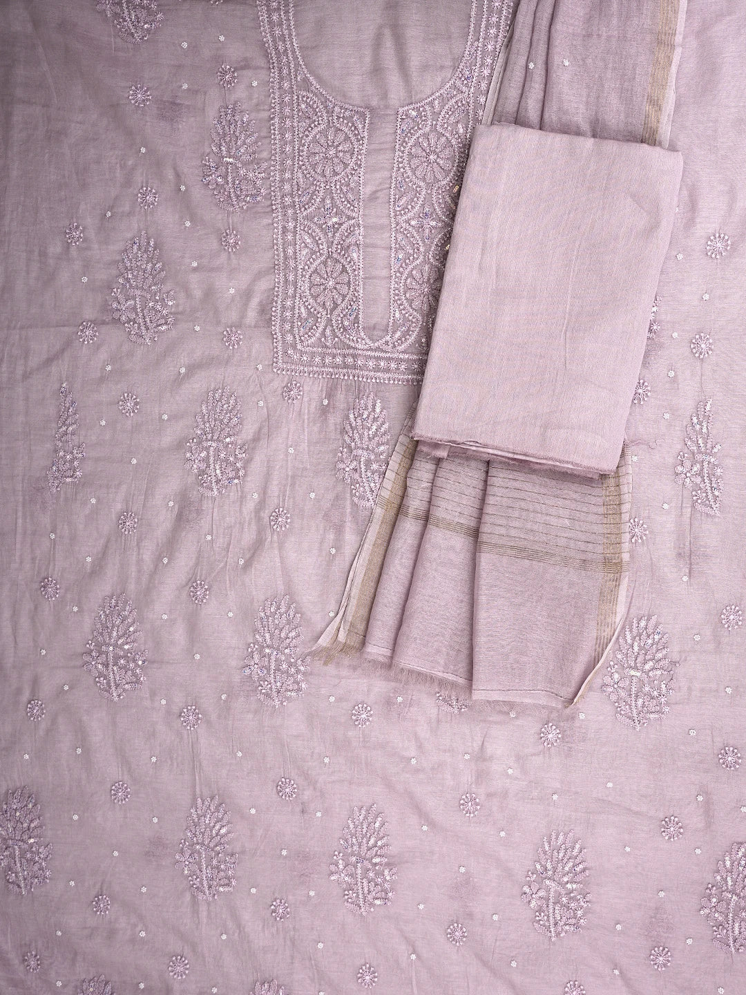 Ada Hand Embroidered Pink Orchid Chanderi Lucknowi Chikankari Unstitched Suit Piece With Sequinned Work 01A937521
