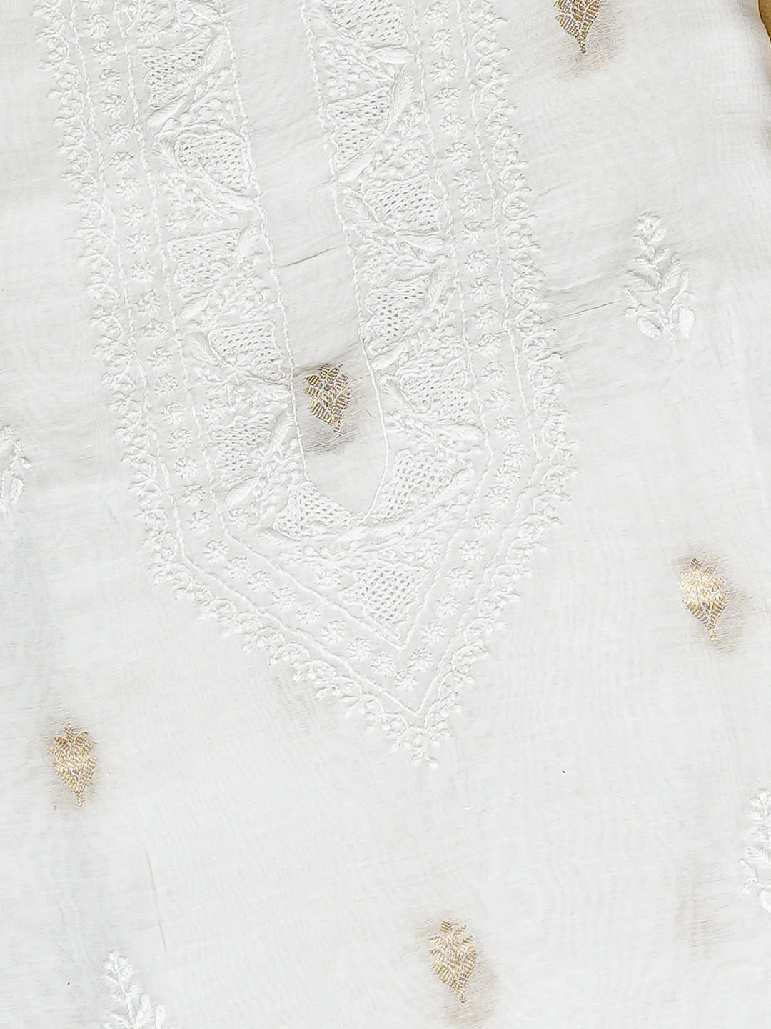 Ada Hand Embroidered White Chanderi Lucknowi Chikankari Unstitched Men's Kurta 01A858583