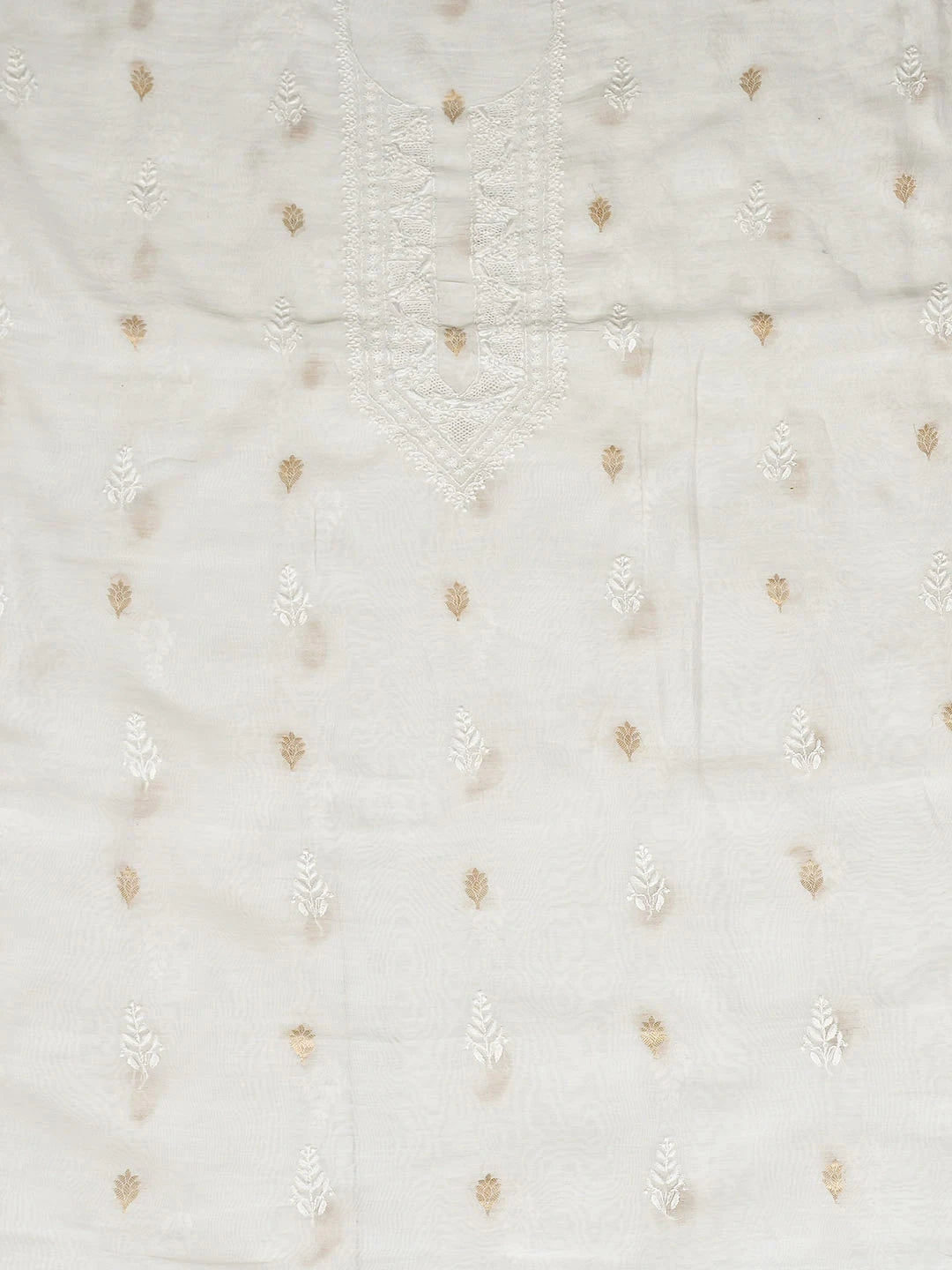 Ada Hand Embroidered White Chanderi Lucknowi Chikankari Unstitched Men's Kurta 01A858583