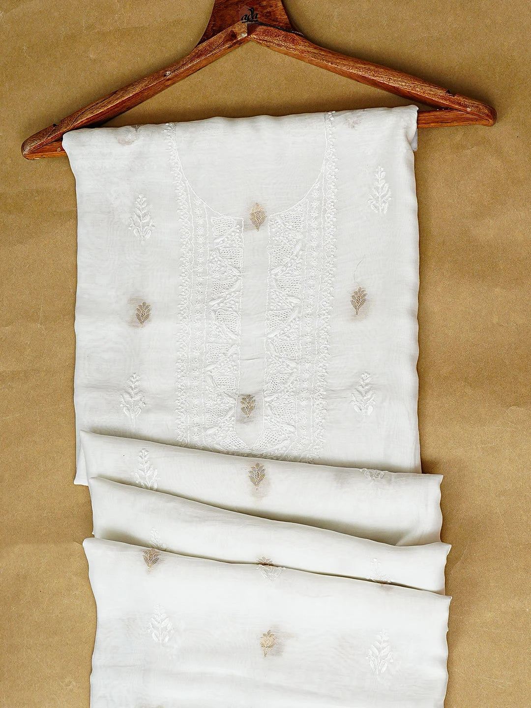 Ada Hand Embroidered White Chanderi Lucknowi Chikankari Unstitched Men's Kurta 01A858583