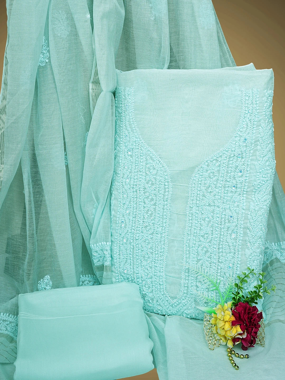 Ada Hand Embroidered Icy Blue Chanderi Lucknowi Chikankari Unstitched Suit Piece With Pearl Work 01A937473
