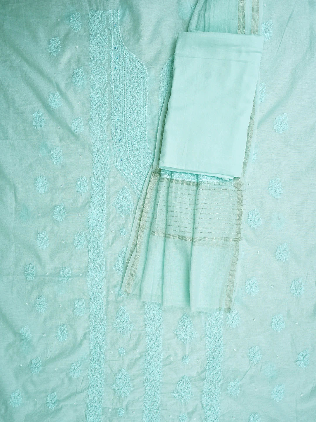 Ada Hand Embroidered Icy Blue Chanderi Lucknowi Chikankari Unstitched Suit Piece With Pearl Work 01A937473