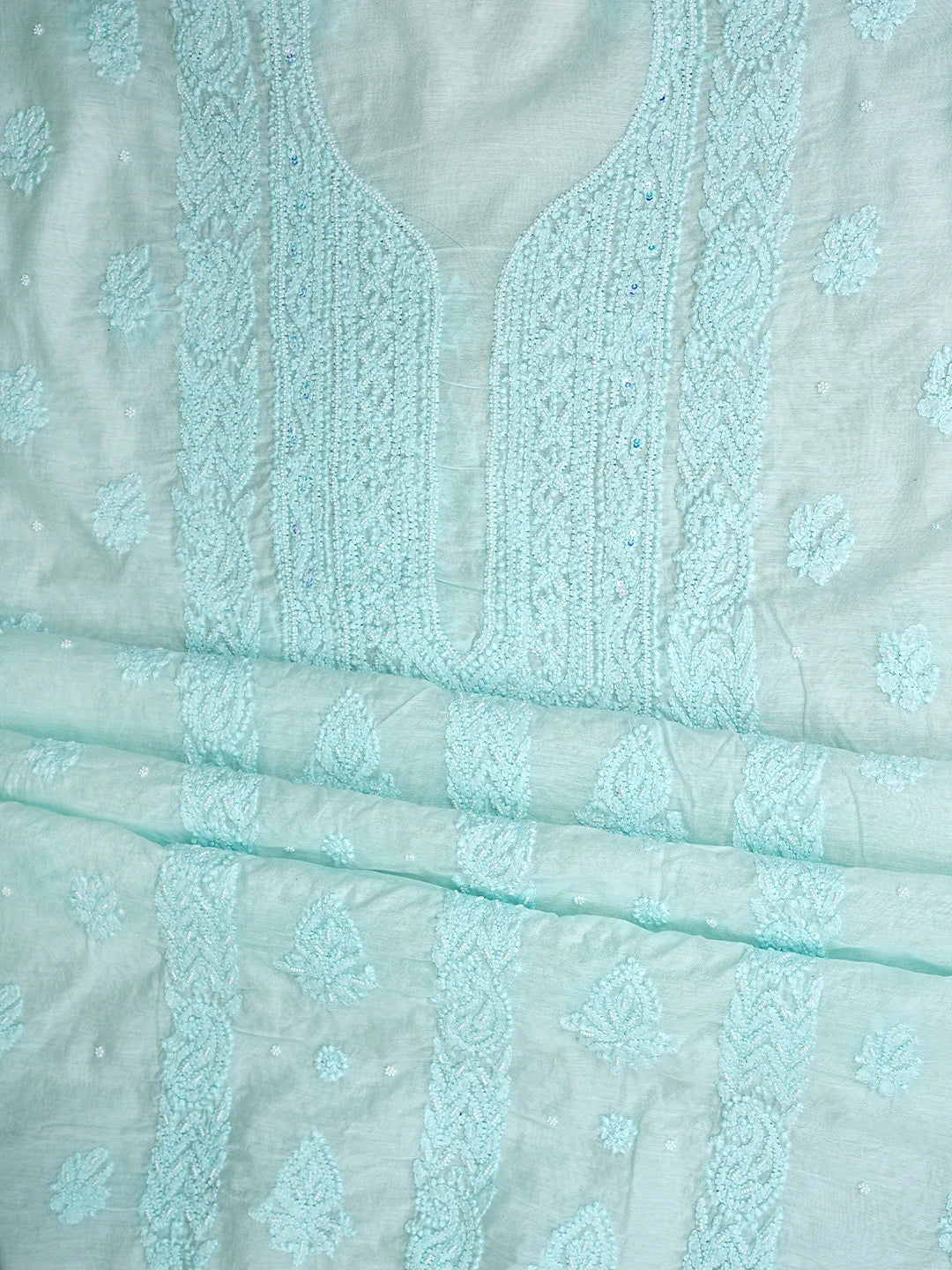 Ada Hand Embroidered Icy Blue Chanderi Lucknowi Chikankari Unstitched Suit Piece With Pearl Work 01A937473