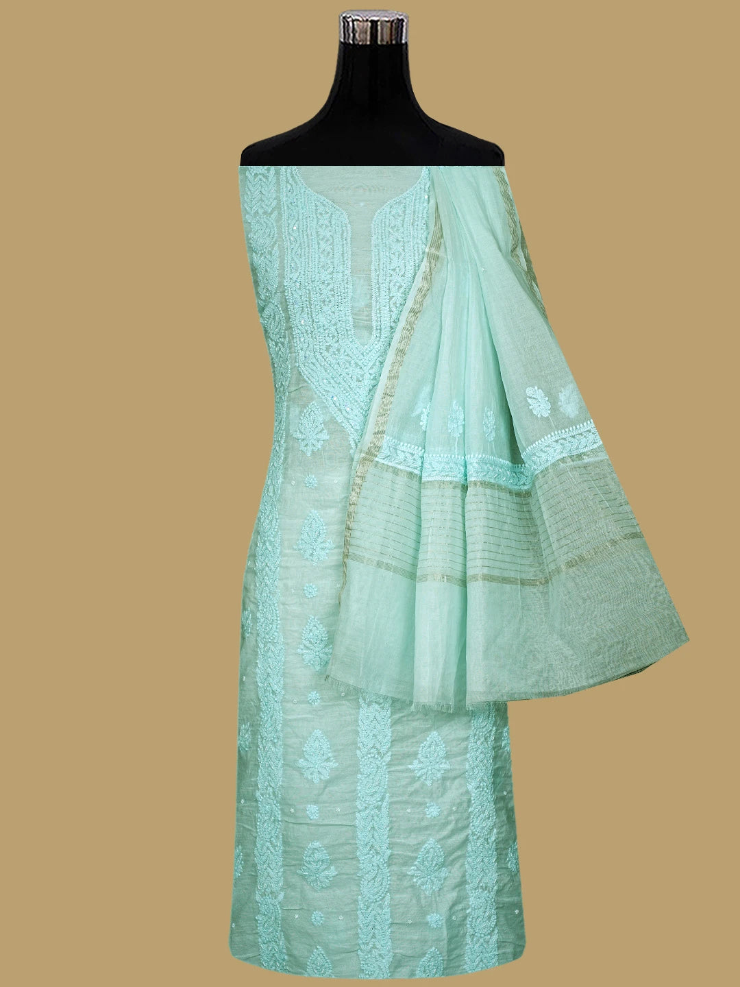 Ada Hand Embroidered Icy Blue Chanderi Lucknowi Chikankari Unstitched Suit Piece With Pearl Work 01A937473