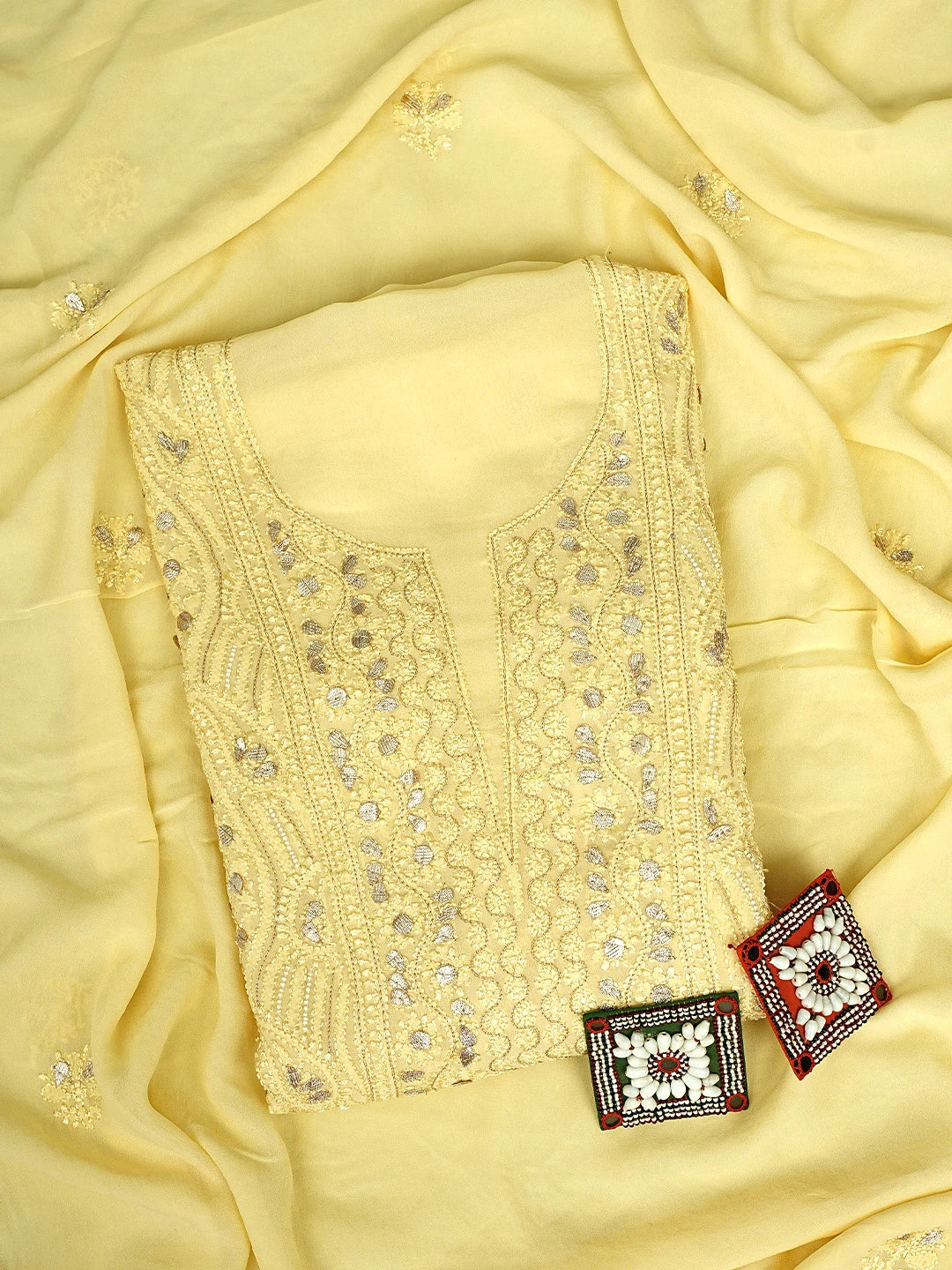 Ada Hand Embroidered Jasmine Yellow Viscose Georgette Lucknowi Chikankari Unstitched Kurta Dupatta Set With Zari Work 01A706317