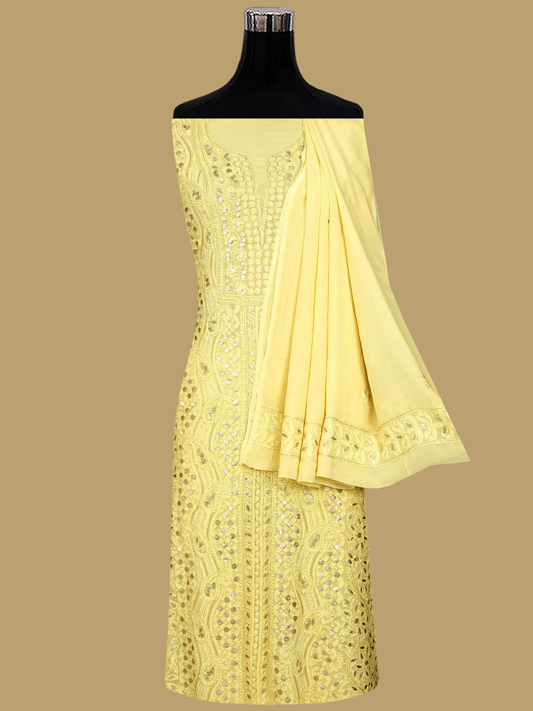 Ada Hand Embroidered Jasmine Yellow Viscose Georgette Lucknowi Chikankari Unstitched Kurta Dupatta Set With Zari Work 01A706317