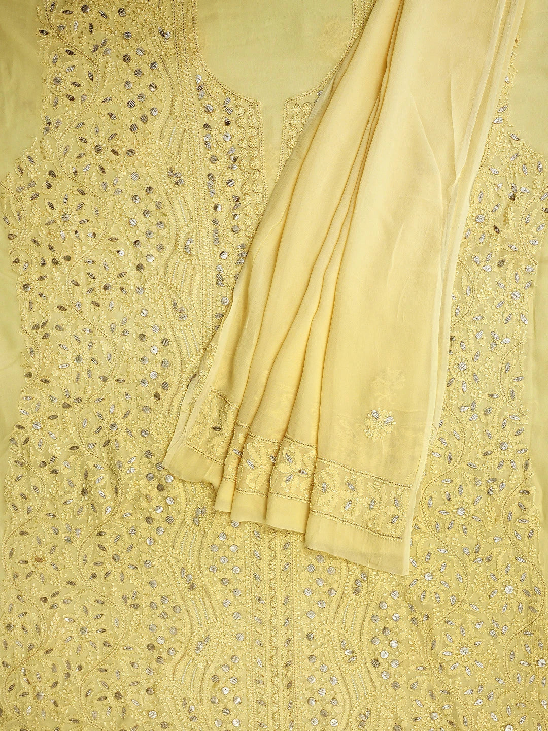 Ada Hand Embroidered Jasmine Yellow Viscose Georgette Lucknowi Chikankari Unstitched Kurta Dupatta Set With Zari Work 01A706317