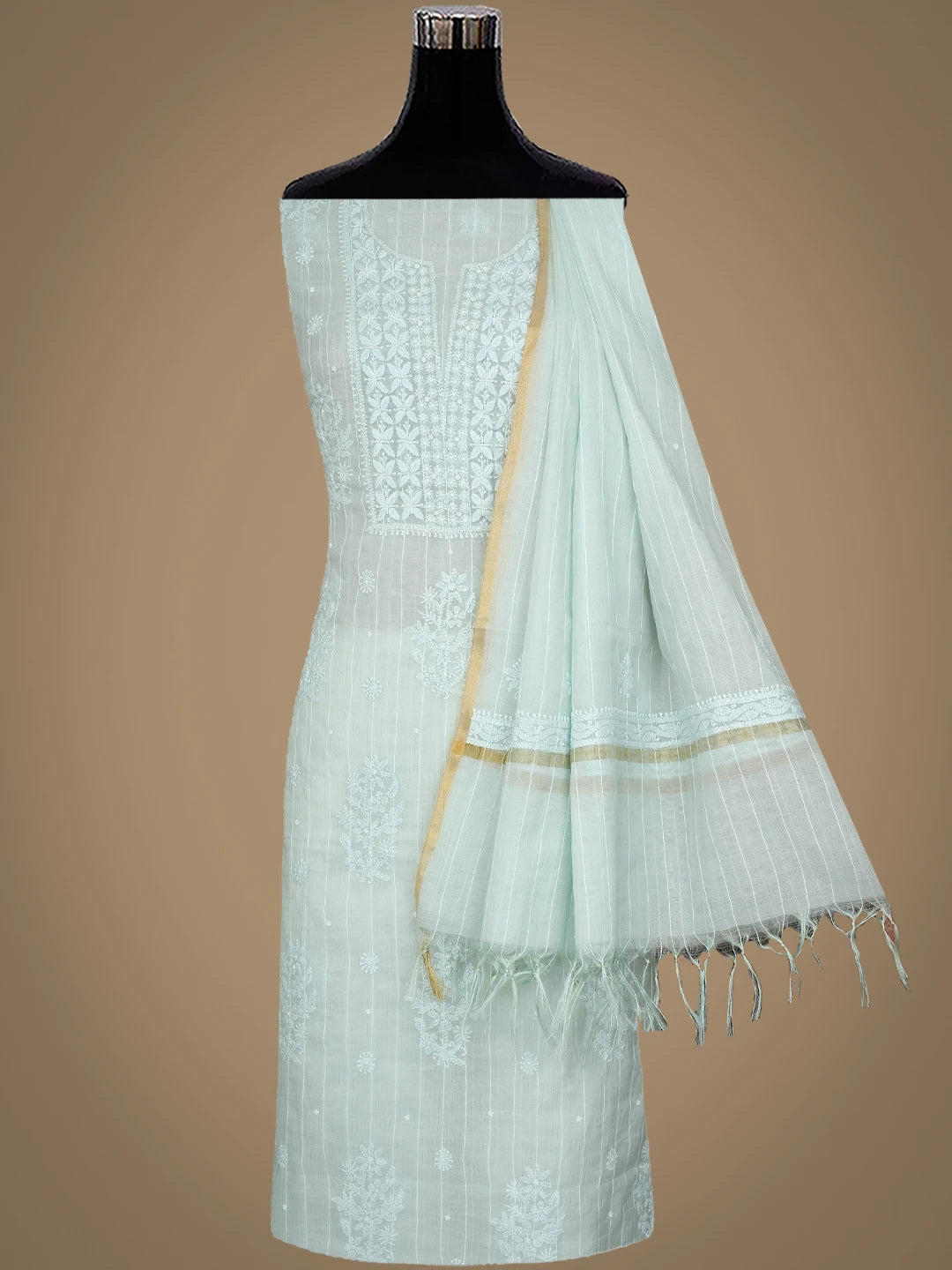 Ada Hand Embroidered Pastel green Chanderi Lucknowi Chikankari Unstitched Suit Piece With Cutdana Work 01A938025