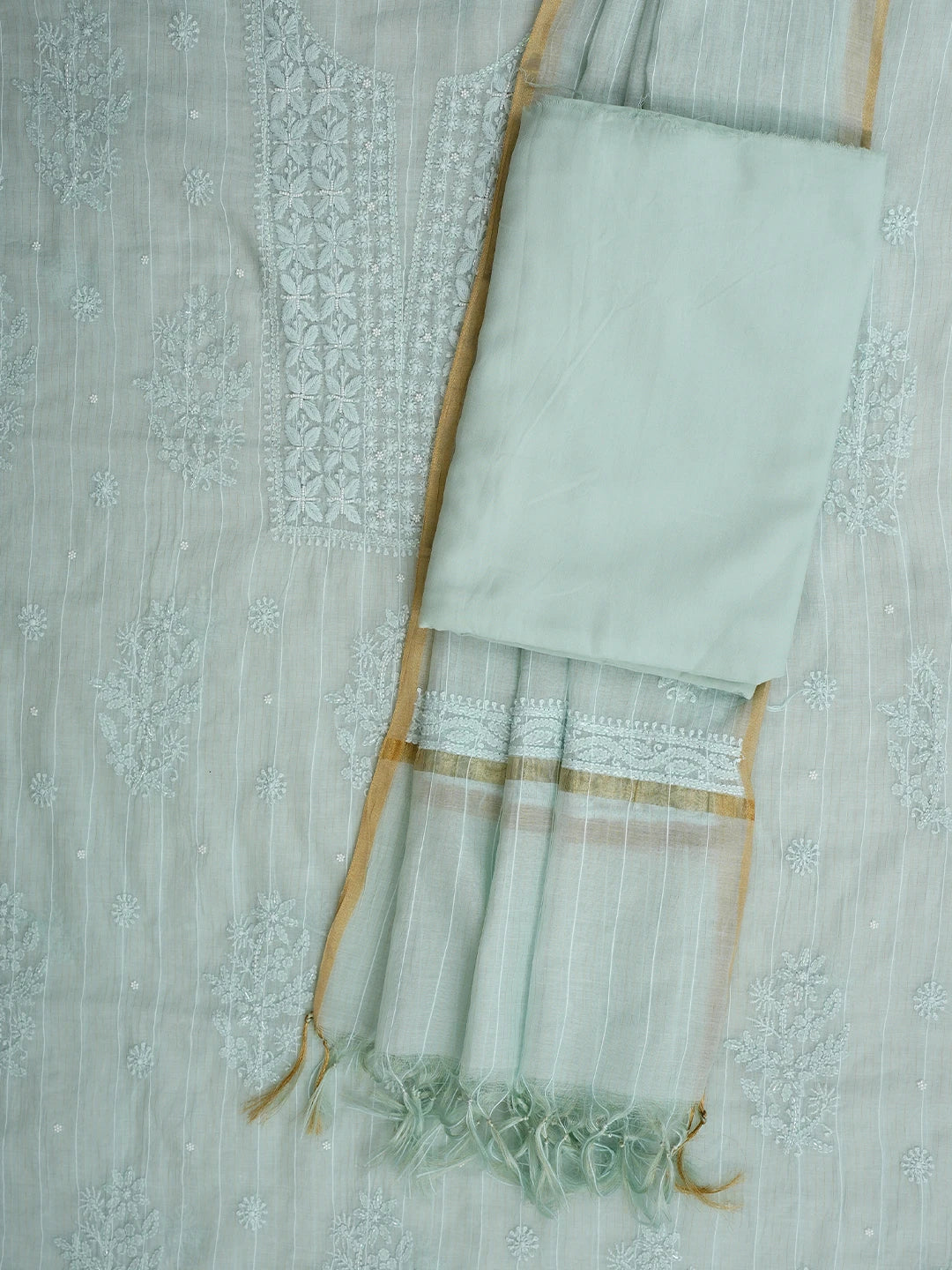 Ada Hand Embroidered Pastel green Chanderi Lucknowi Chikankari Unstitched Suit Piece With Cutdana Work 01A938025