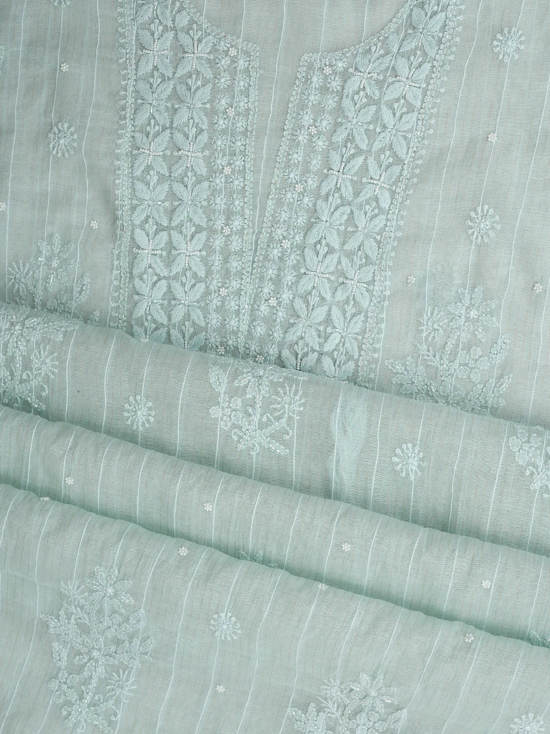 Ada Hand Embroidered Pastel green Chanderi Lucknowi Chikankari Unstitched Suit Piece With Cutdana Work 01A938025