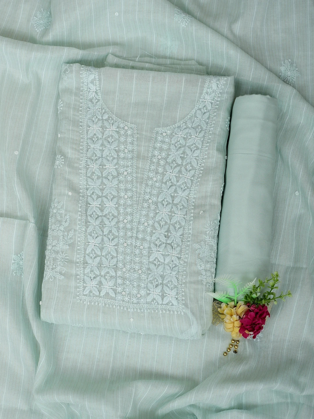 Ada Hand Embroidered Pastel green Chanderi Lucknowi Chikankari Unstitched Suit Piece With Cutdana Work 01A938025