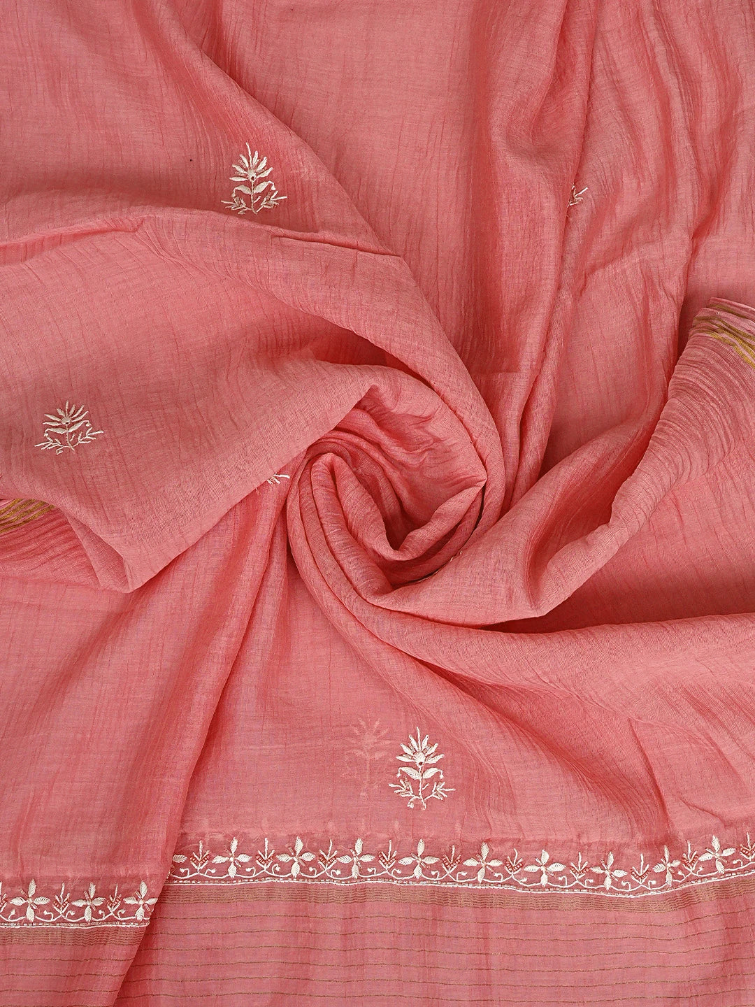 Ada Hand Embroidered Georgia Peach Chanderi Lucknowi Chikankari Unstitched Kurta Dupatta Set With Cutdana Work 01A908342