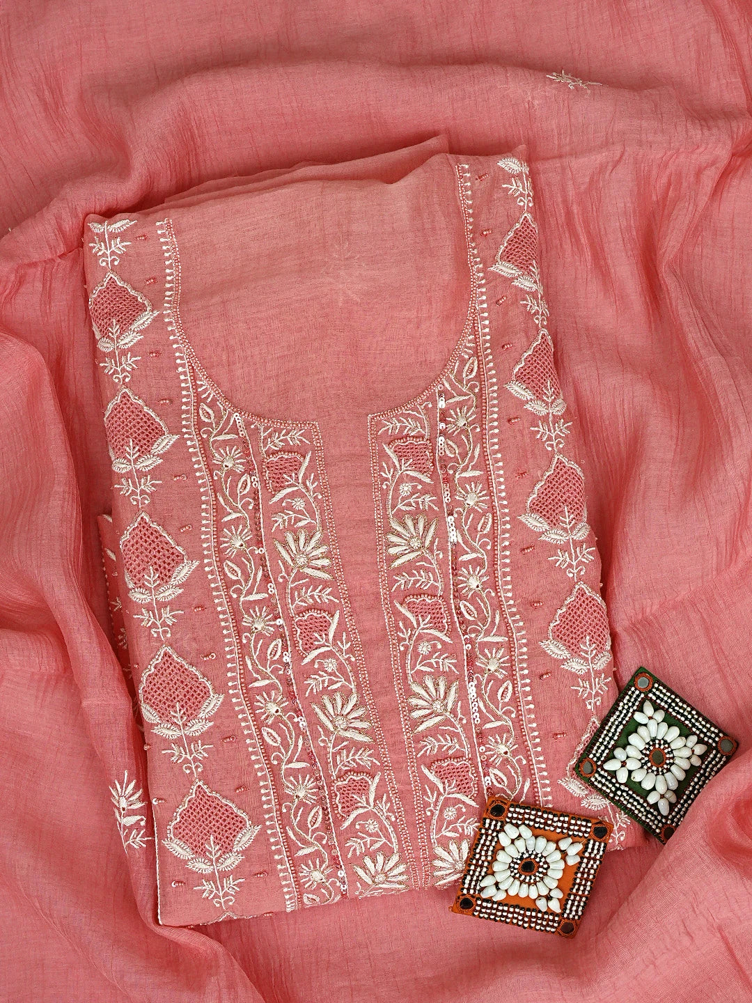 Ada Hand Embroidered Georgia Peach Chanderi Lucknowi Chikankari Unstitched Kurta Dupatta Set With Cutdana Work 01A908342