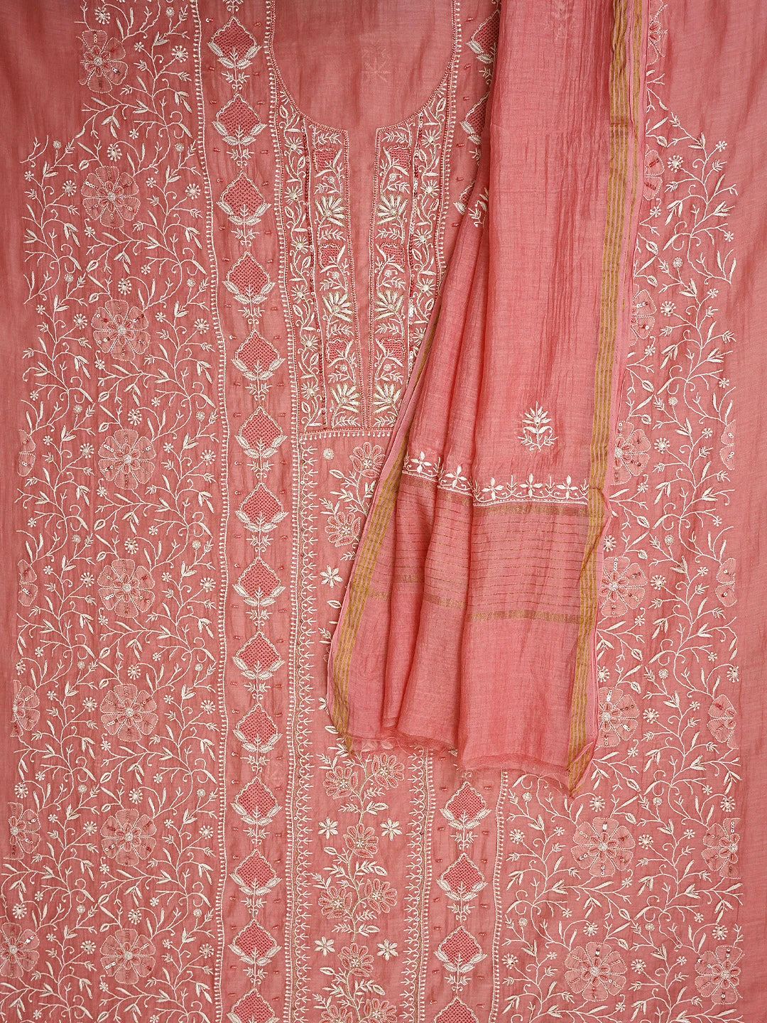 Ada Hand Embroidered Georgia Peach Chanderi Lucknowi Chikankari Unstitched Kurta Dupatta Set With Cutdana Work 01A908342