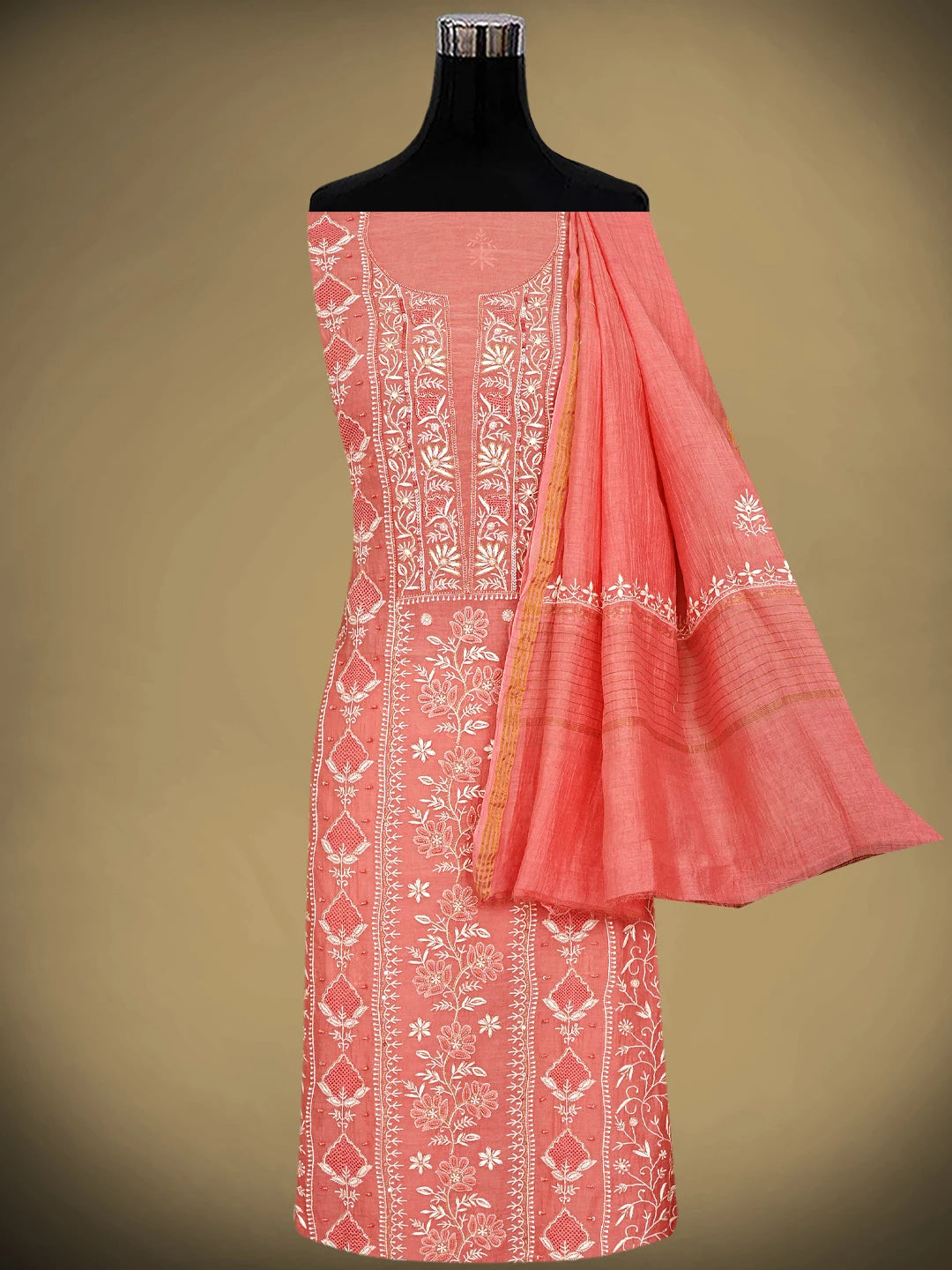Ada Hand Embroidered Georgia Peach Chanderi Lucknowi Chikankari Unstitched Kurta Dupatta Set With Cutdana Work 01A908342