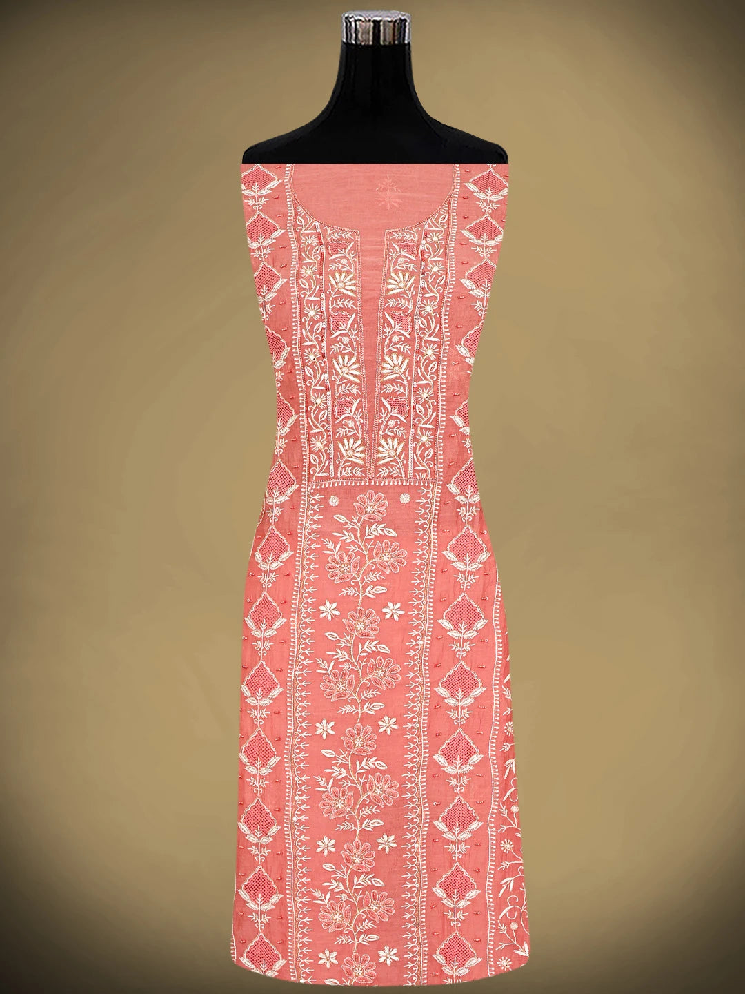 Ada Hand Embroidered Georgia Peach Chanderi Lucknowi Chikankari Unstitched Kurta Dupatta Set With Cutdana Work 01A908342
