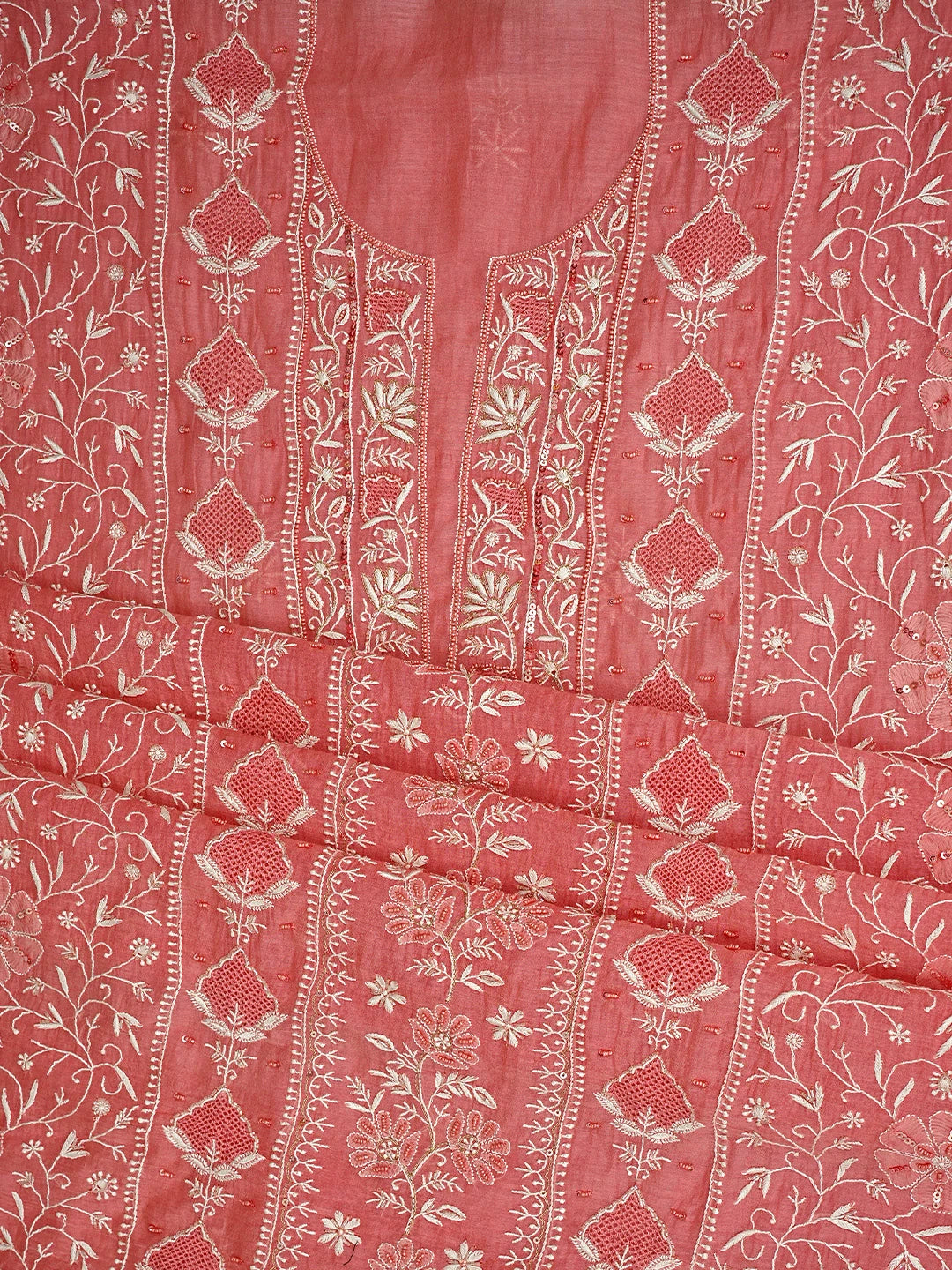 Ada Hand Embroidered Georgia Peach Chanderi Lucknowi Chikankari Unstitched Kurta Dupatta Set With Cutdana Work 01A908342