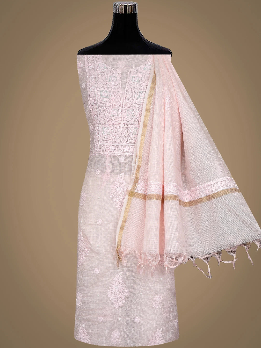 Ada Hand Embroidered Light Pink Kota Lucknowi Chikankari Unstitched Suit Piece With Pearl Work 01A937558
