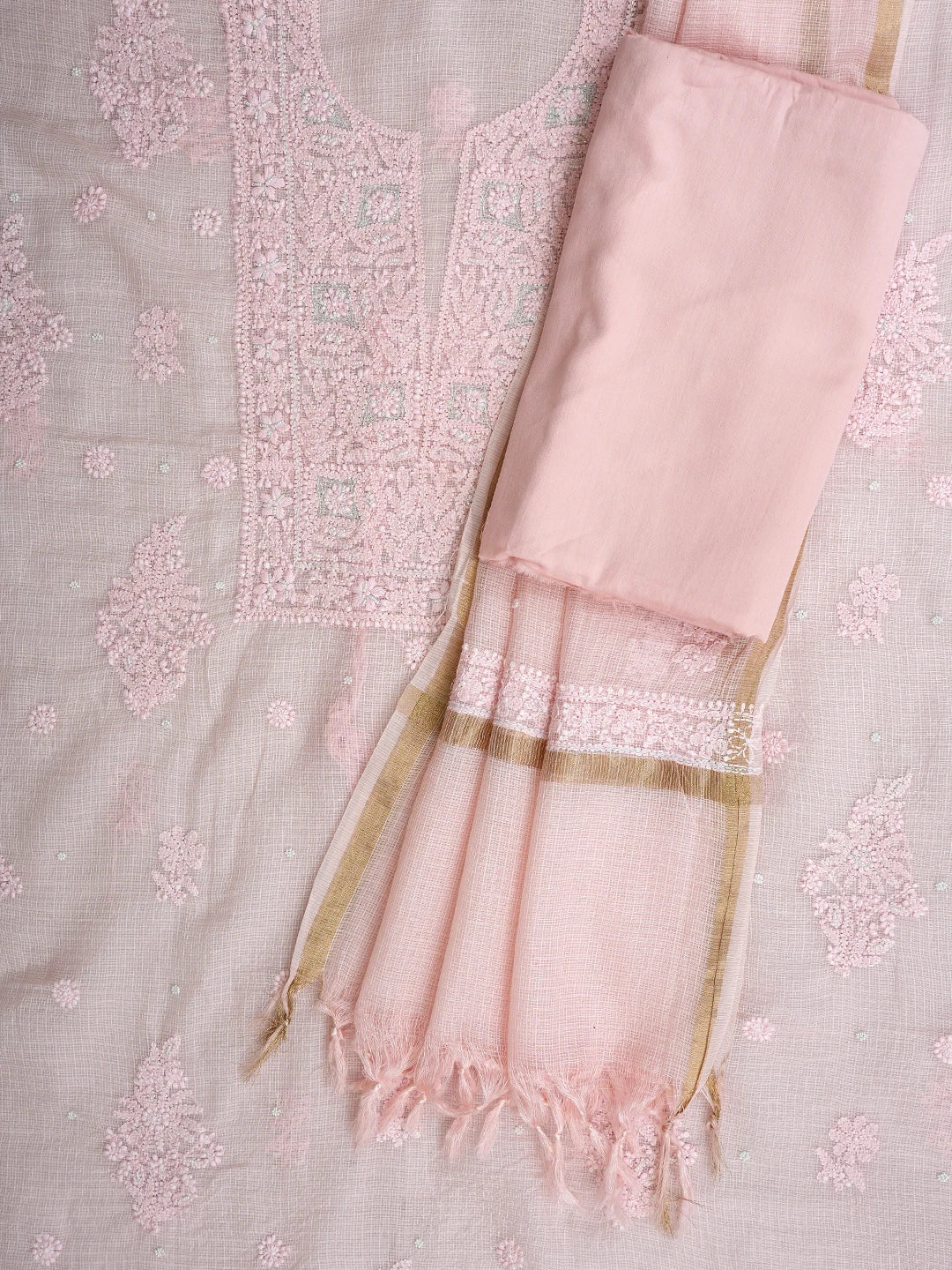 Ada Hand Embroidered Light Pink Kota Lucknowi Chikankari Unstitched Suit Piece With Pearl Work 01A937558