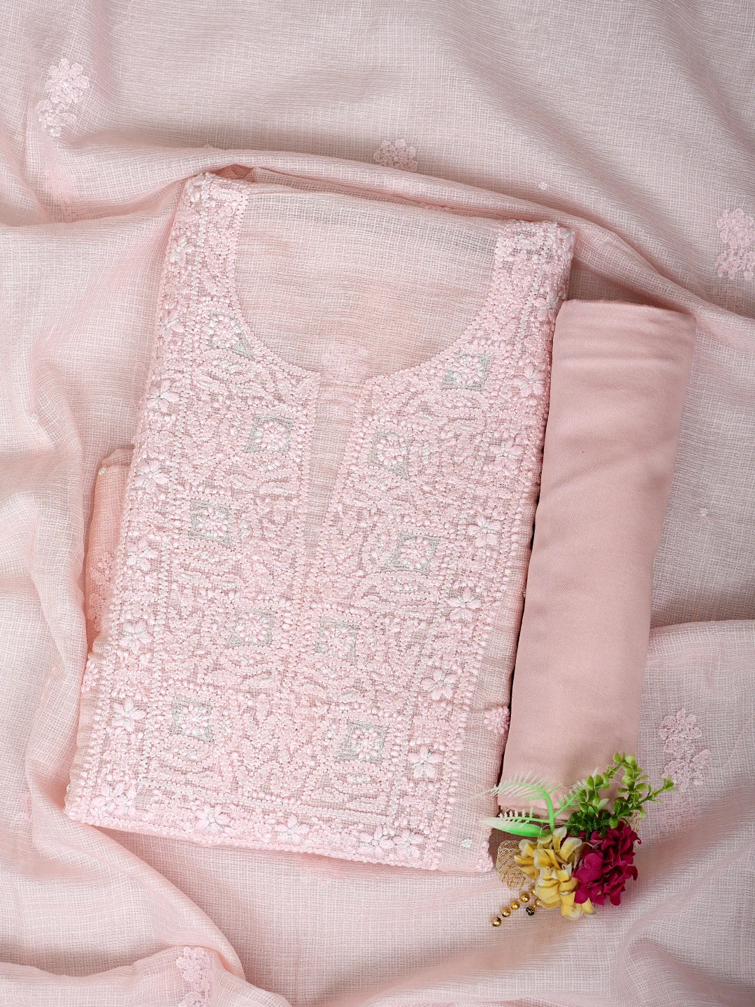 Ada Hand Embroidered Light Pink Kota Lucknowi Chikankari Unstitched Suit Piece With Pearl Work 01A937558