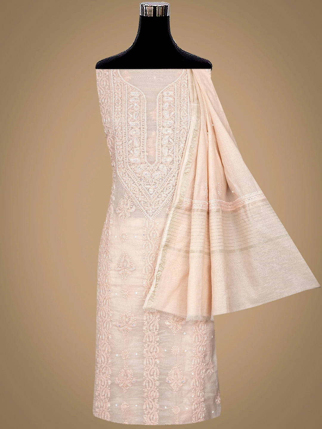 Ada Hand Embroidered Peach Chanderi Lucknowi Chikankari Unstitched Suit Piece With Pearl Work 01A937484