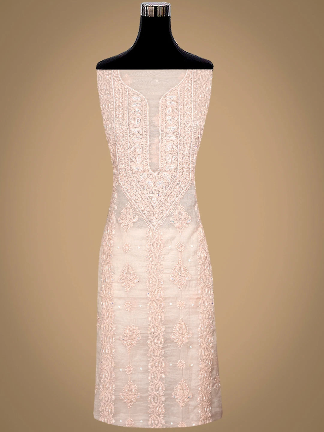 Ada Hand Embroidered Peach Chanderi Lucknowi Chikankari Unstitched Suit Piece With Pearl Work 01A937484