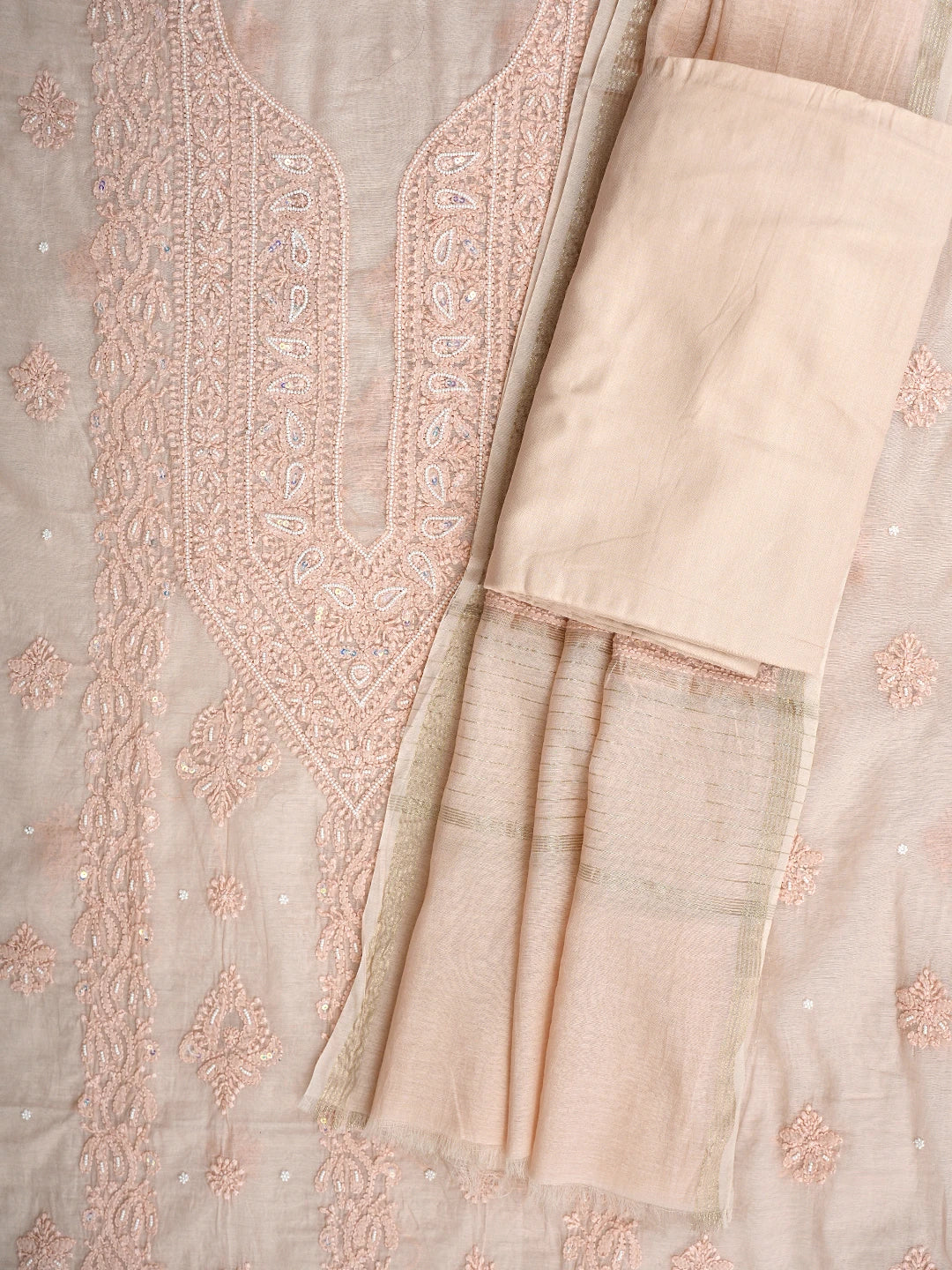 Ada Hand Embroidered Peach Chanderi Lucknowi Chikankari Unstitched Suit Piece With Pearl Work 01A937484