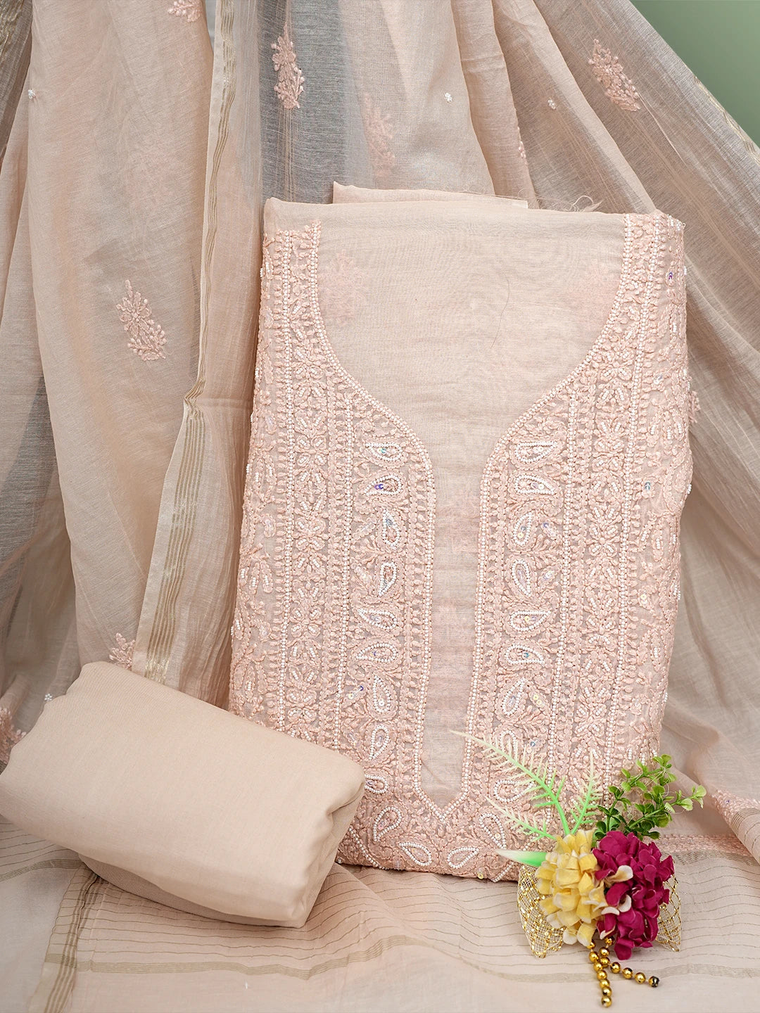 Ada Hand Embroidered Peach Chanderi Lucknowi Chikankari Unstitched Suit Piece With Pearl Work 01A937484