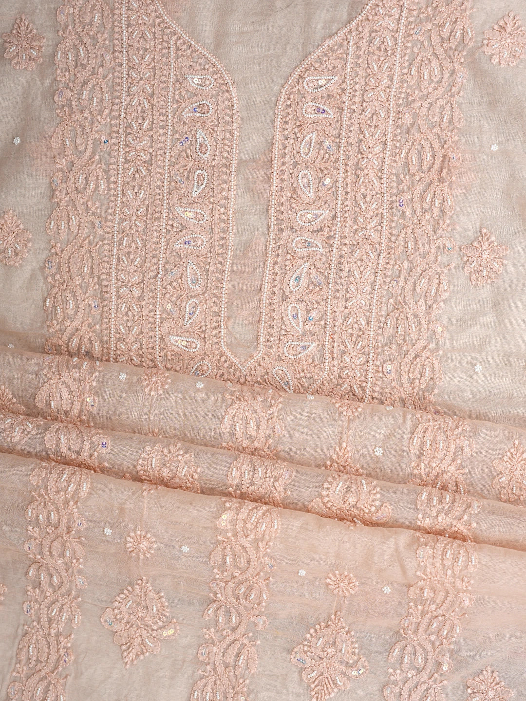 Ada Hand Embroidered Peach Chanderi Lucknowi Chikankari Unstitched Suit Piece With Pearl Work 01A937484