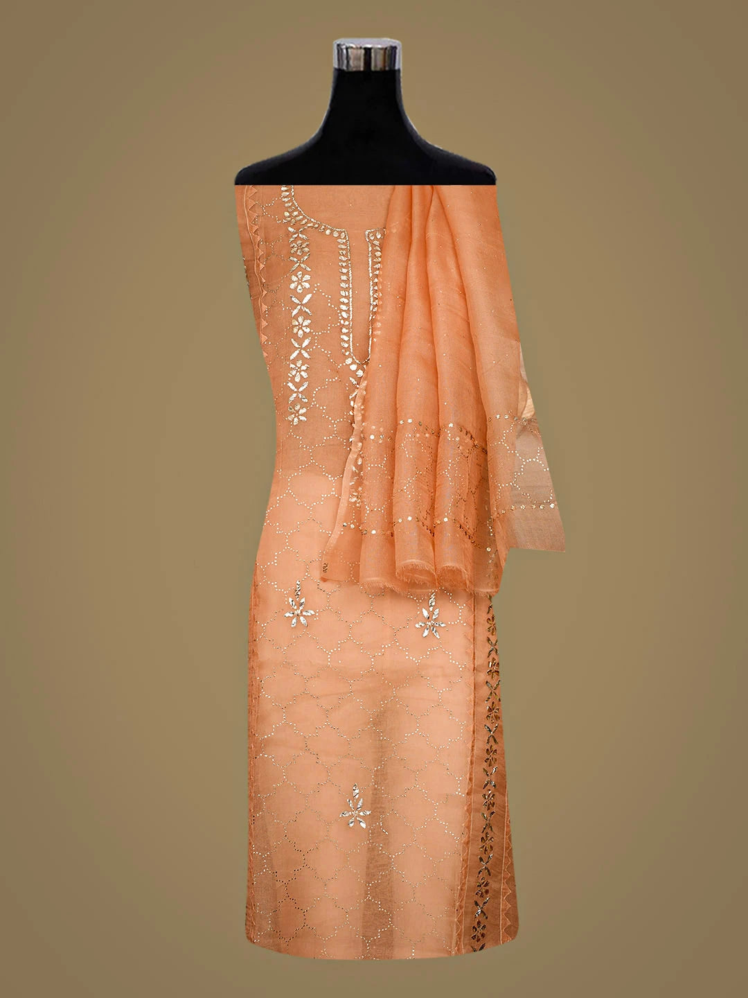 Ada Hand Embroidered Peach Organza Semi-Stitched Kurta Dupatta Set With Mukaish/Muqaish Work 01A887238