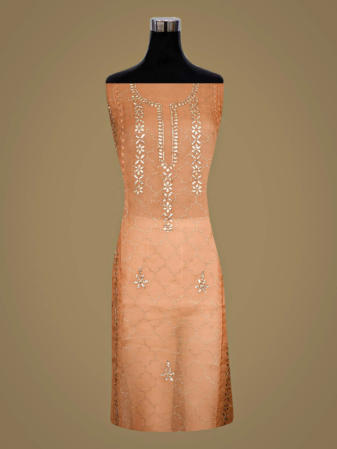 Ada Hand Embroidered Peach Organza Semi-Stitched Kurta Dupatta Set With Mukaish/Muqaish Work 01A887238