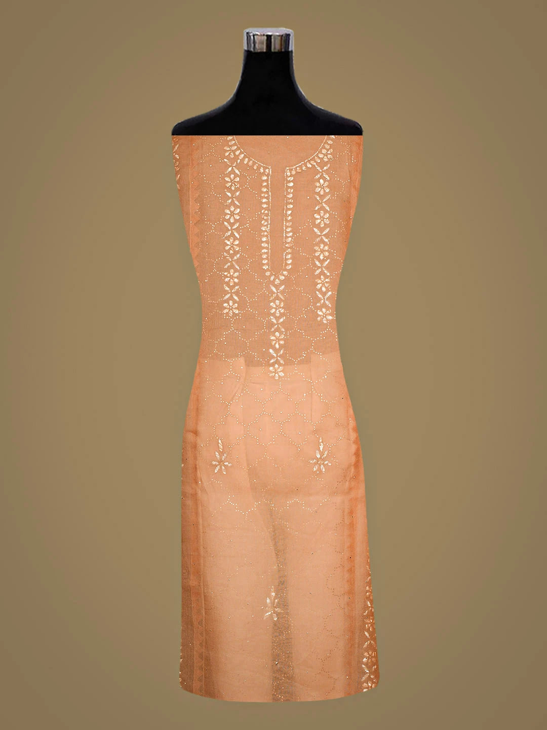 Ada Hand Embroidered Peach Organza Semi-Stitched Kurta Dupatta Set With Mukaish/Muqaish Work 01A887238